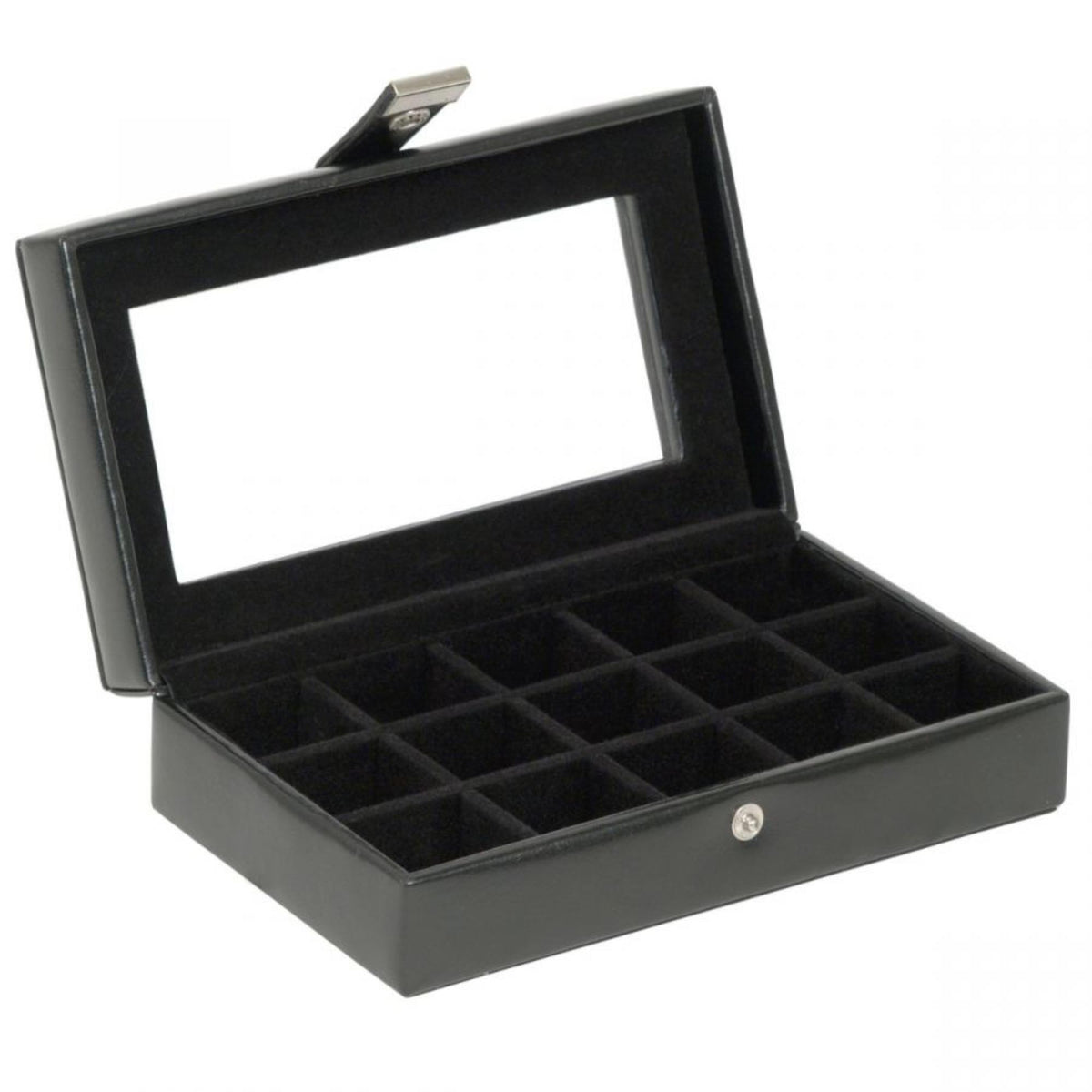 Black cufflink box open with grid tray compartments and hinged lid
