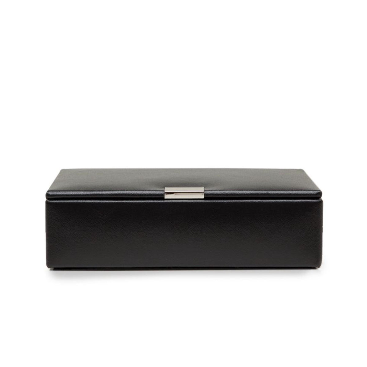 Black leather 8-slot cufflink box with hinged lid and silver clasp