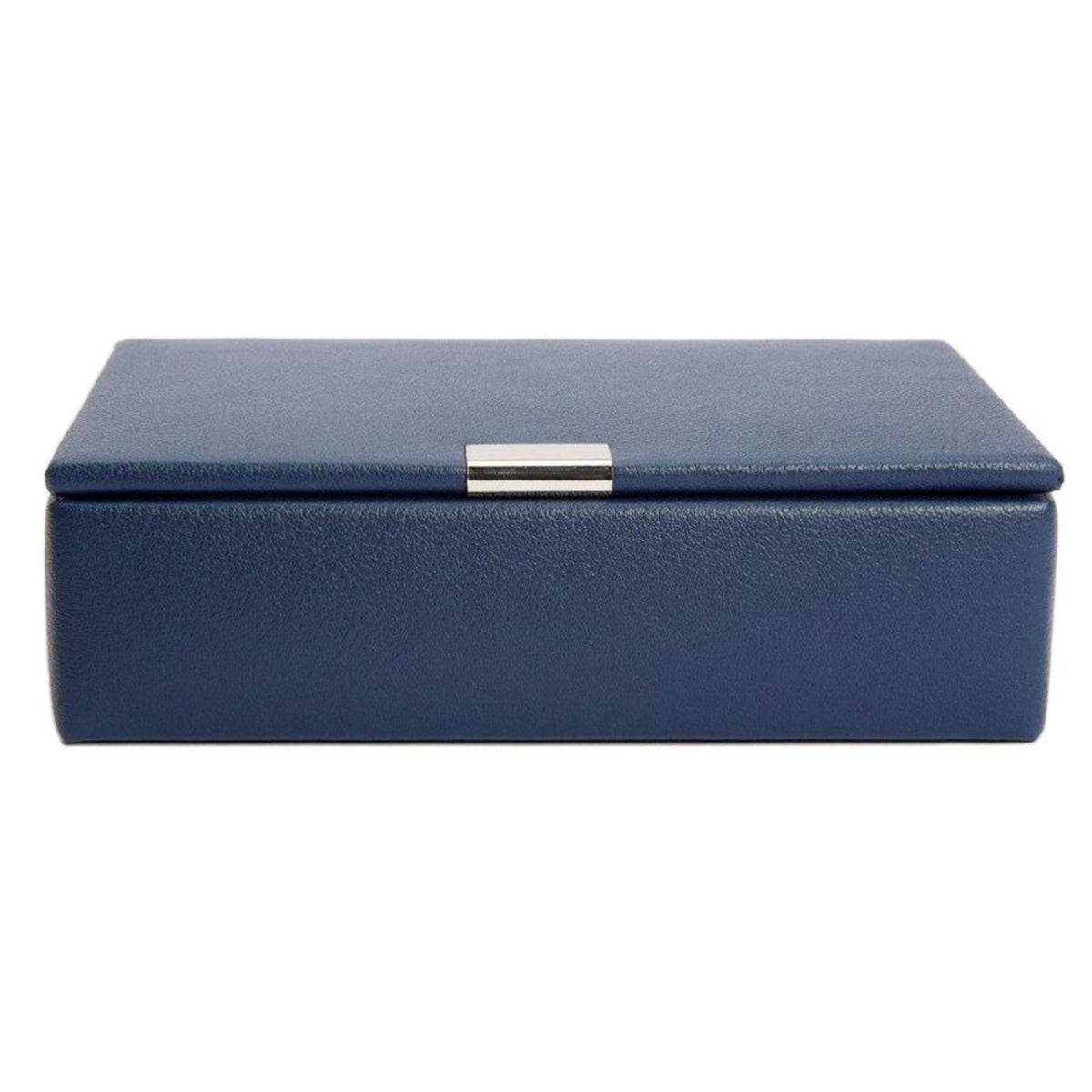 Navy leather cufflink box with hinged lid and silver-tone clasp.