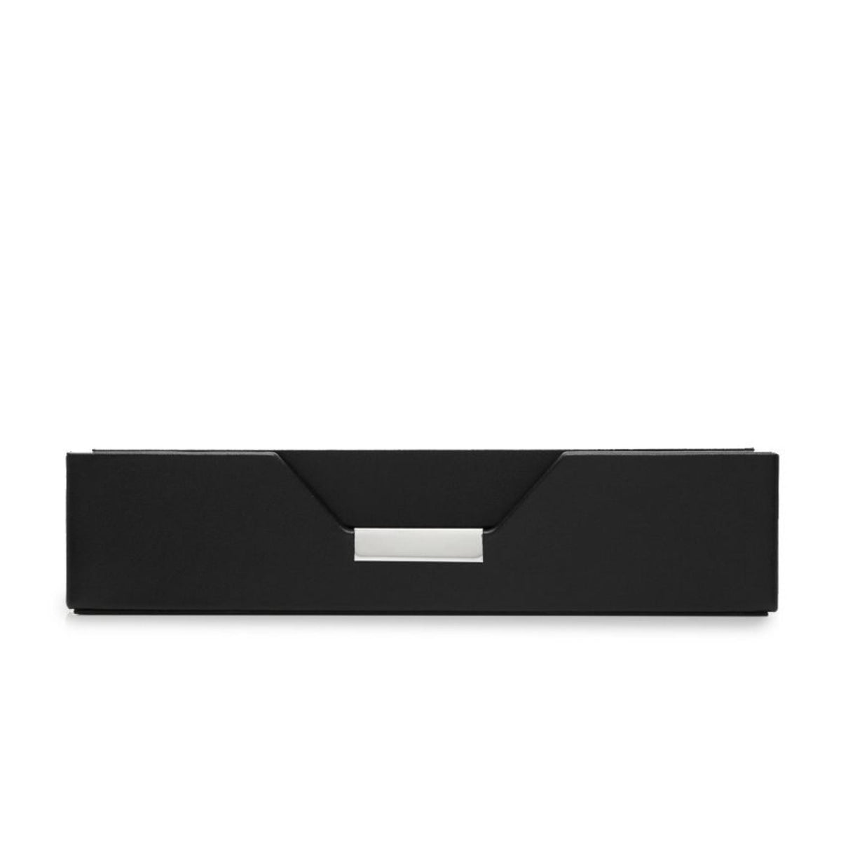 Black leather valet tray with hinged lid and silver metal pull front