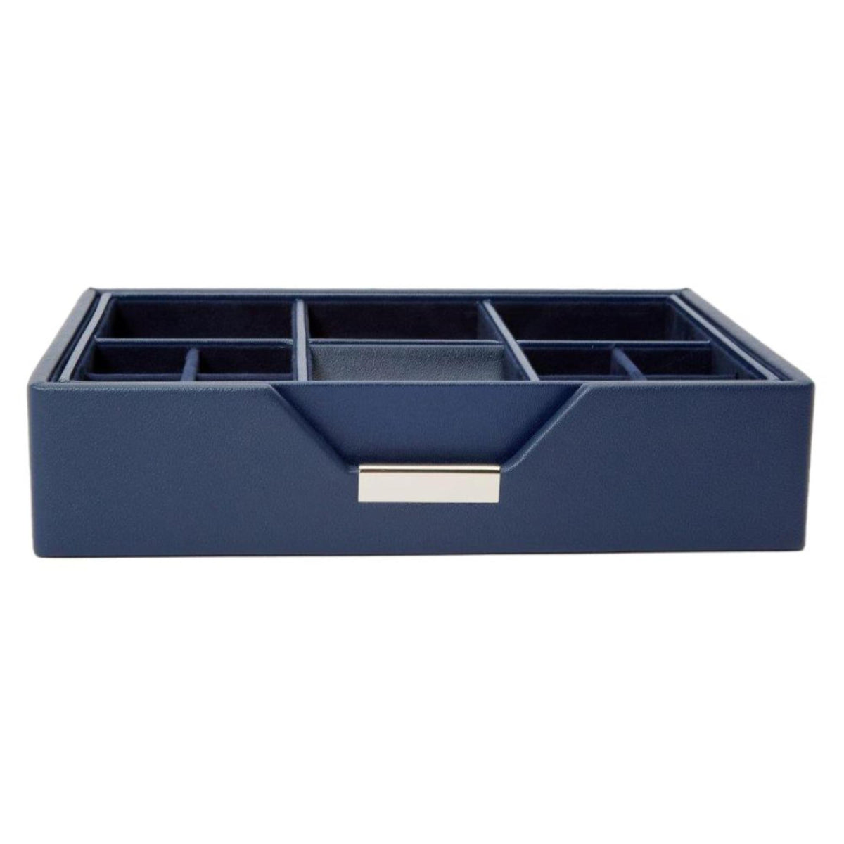 Navy leather valet tray with divided compartments and centered nameplate