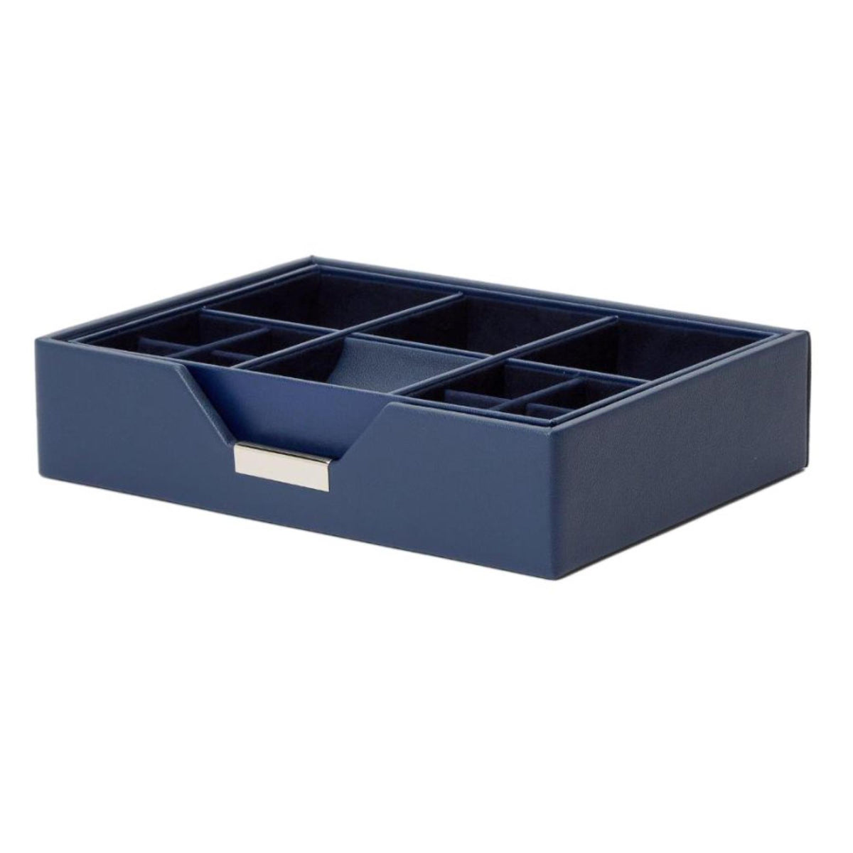 Navy leather valet tray with open top grid dividers and nameplate