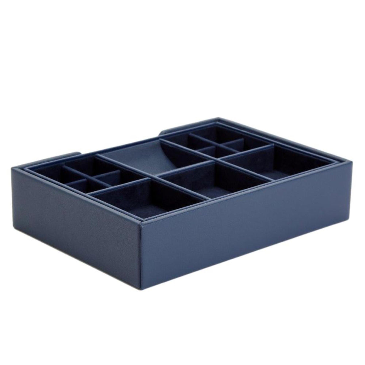 Navy leather valet tray with nine-slot organizer grid and low sidewalls