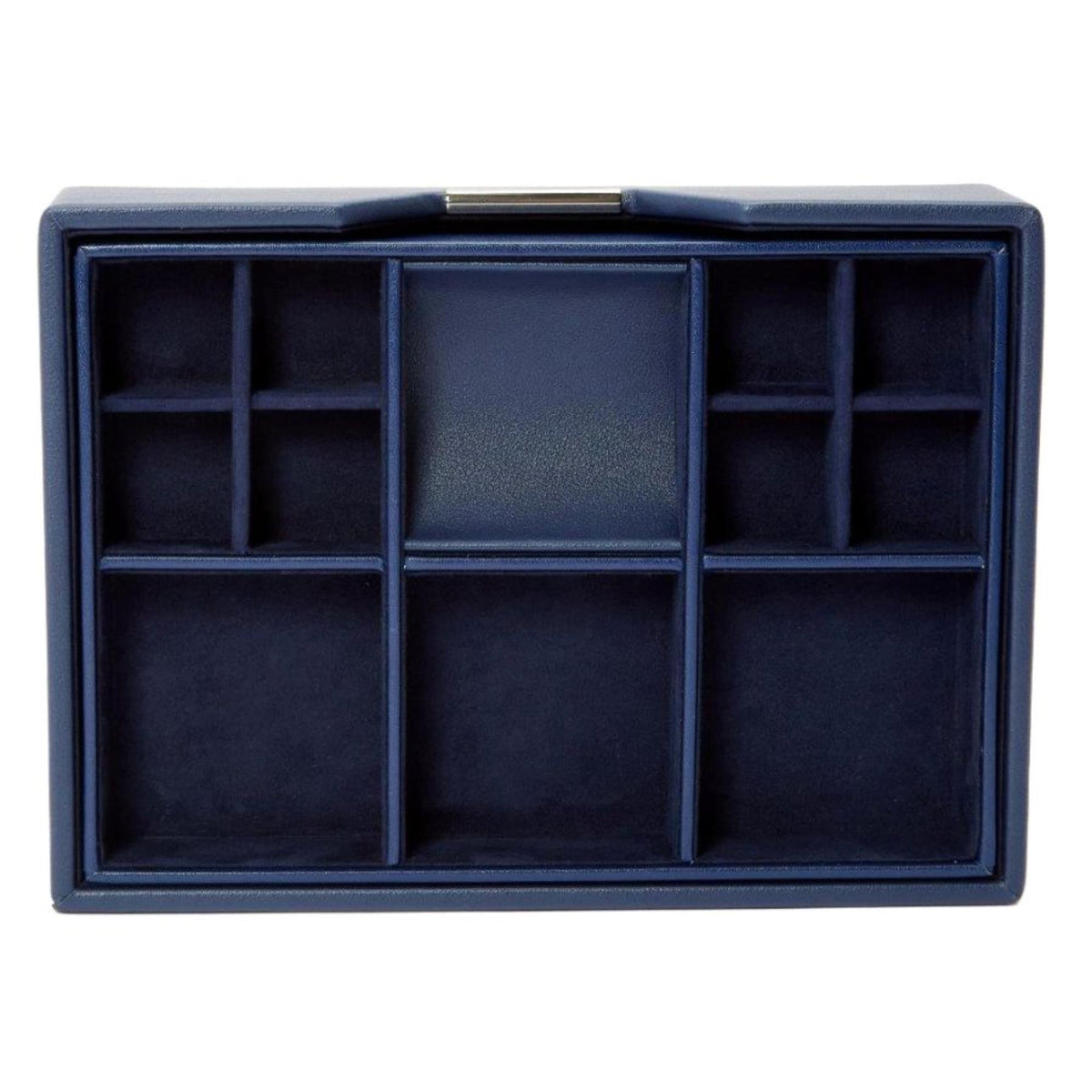 Navy leather valet tray with rectangular compartments and folded interior panels