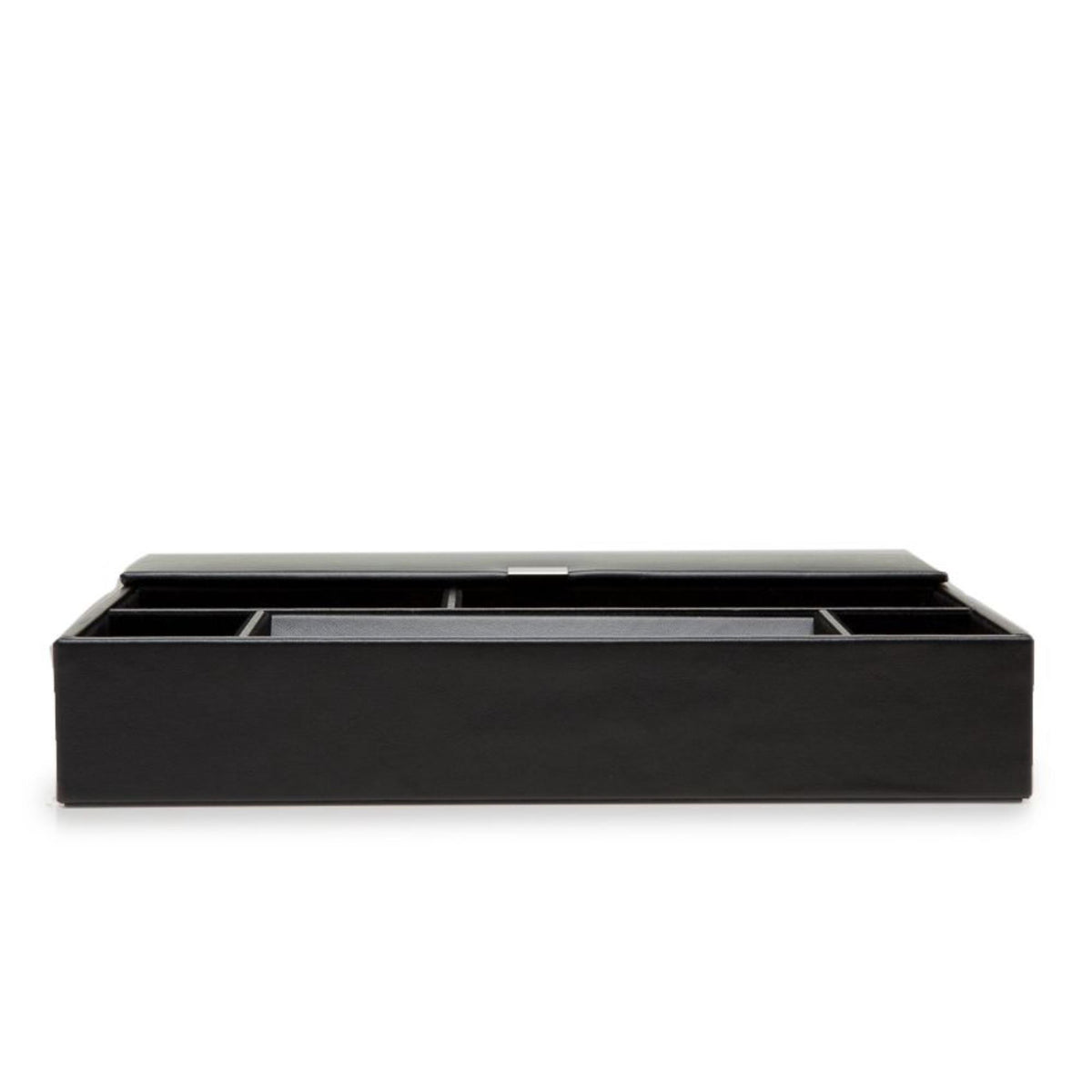 Black leather valet tray with open compartments and center divider for small items