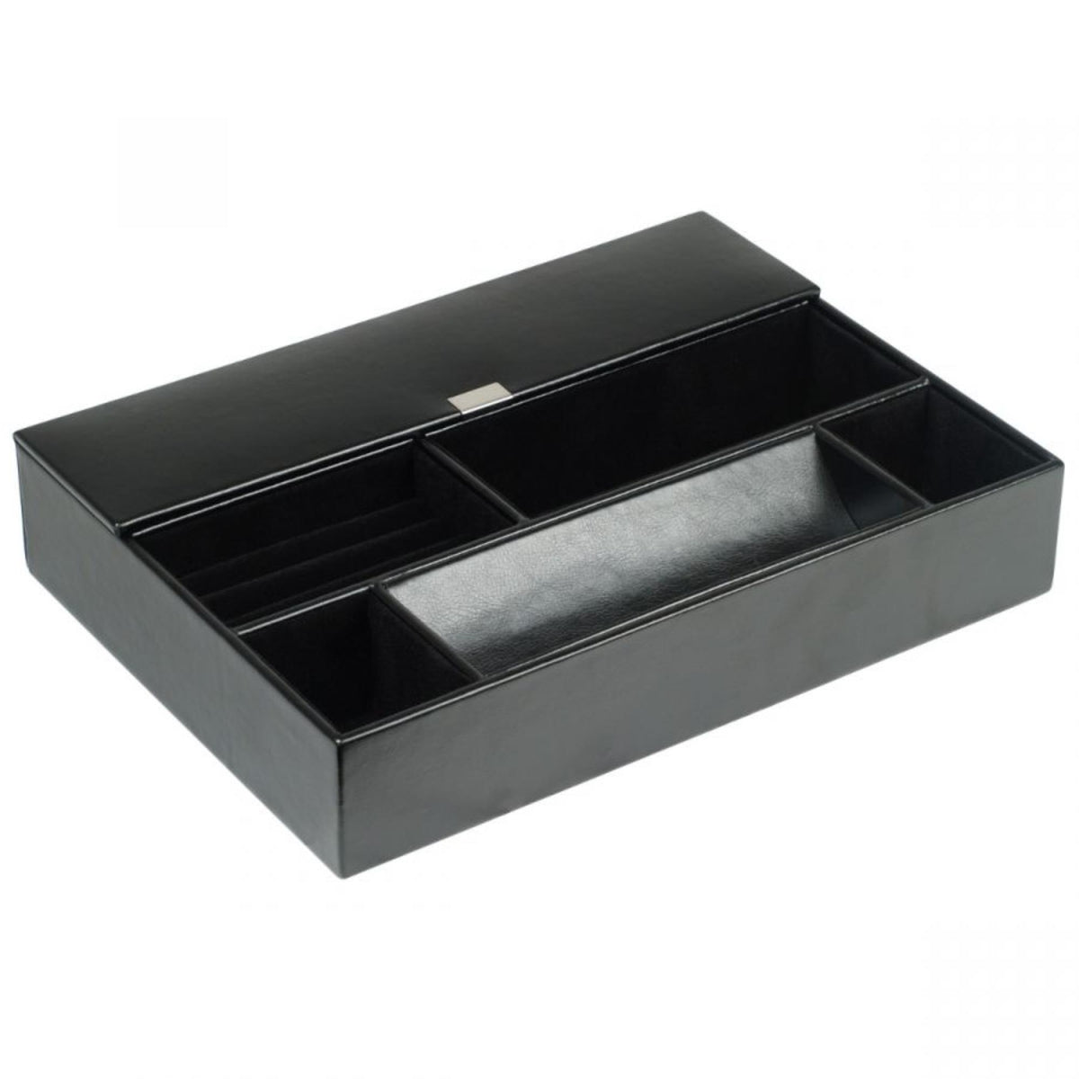 Black leather valet tray opened, showing multiple slots and a central slide-in insert