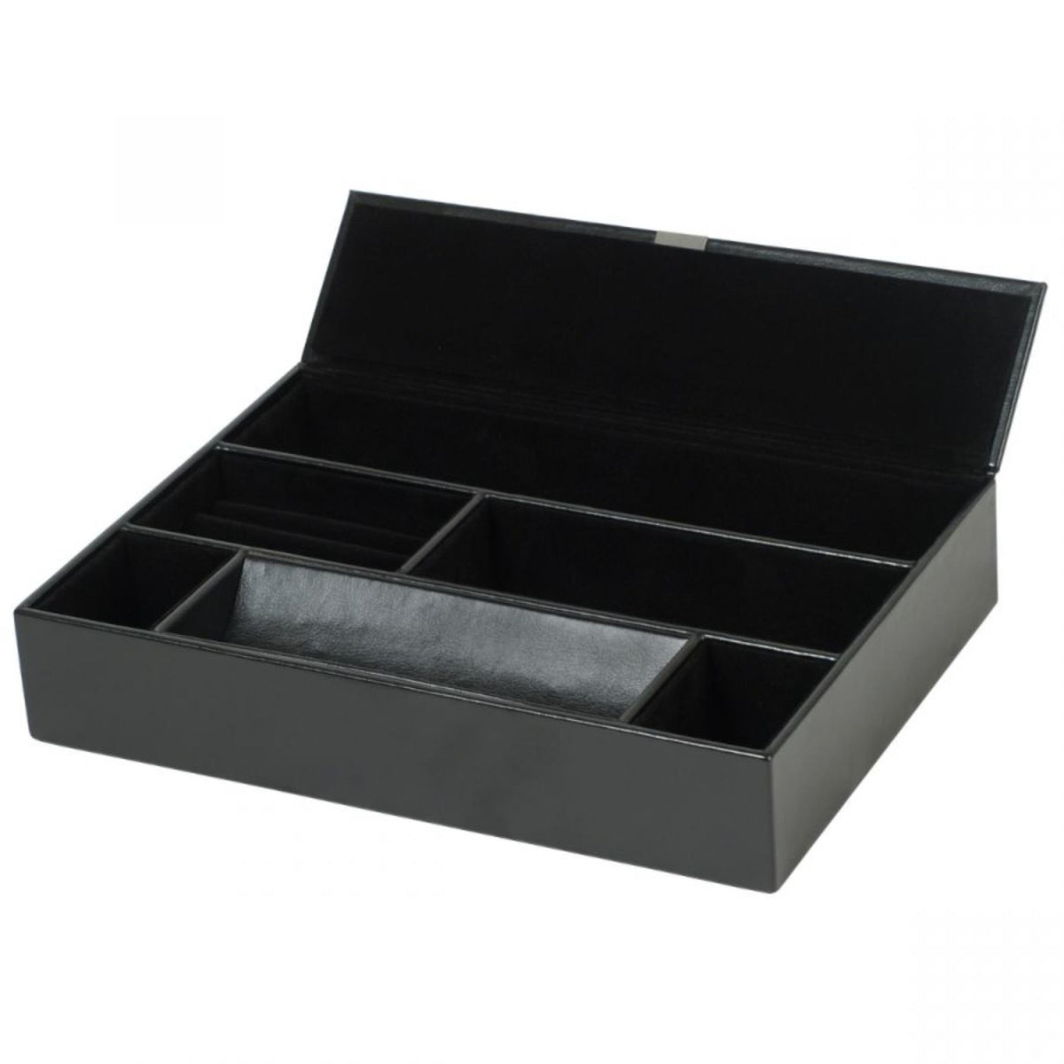 Black leather valet tray opened flat, with five organizer compartments and hinged lid