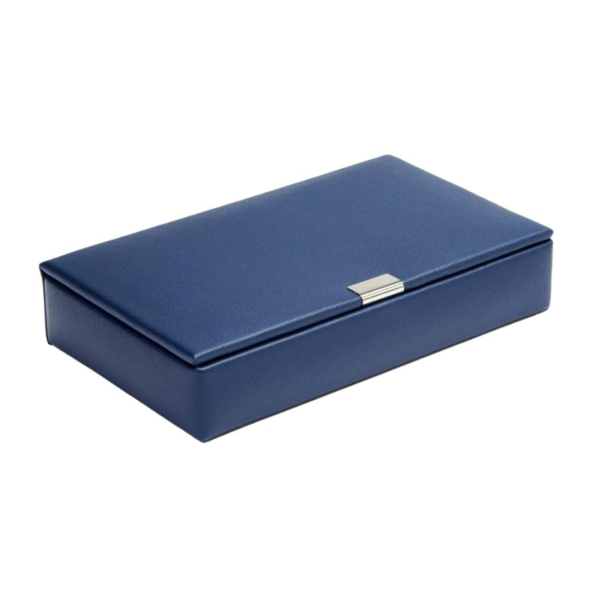 Navy leather cufflink box with gold-tone clasp, shown from a side angle