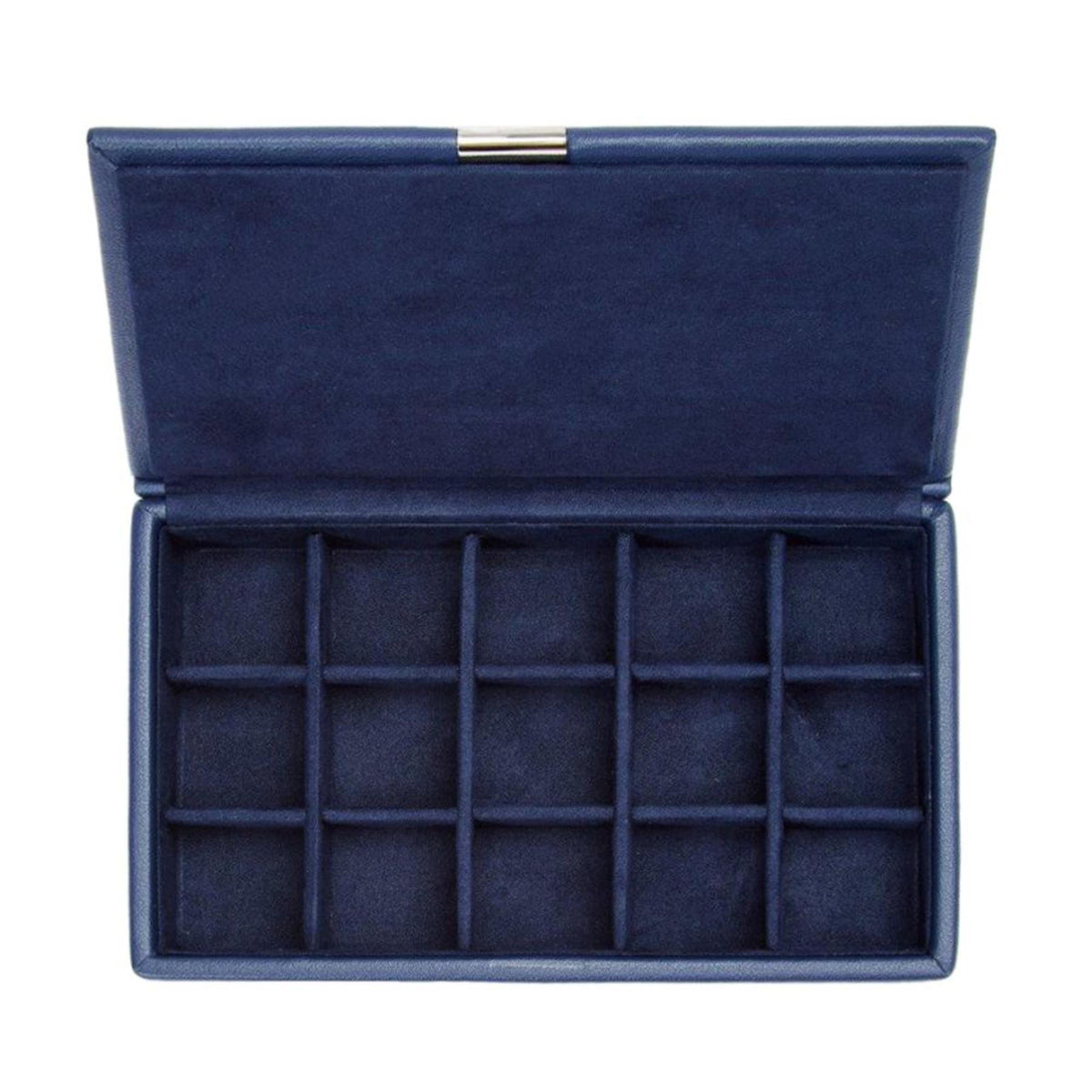 Navy leather cufflink box open to reveal a grid of padded compartments