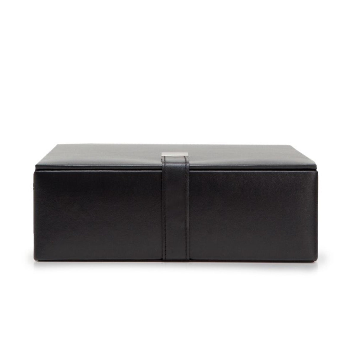 Black leather valet case with hinged lid and centered strap detail