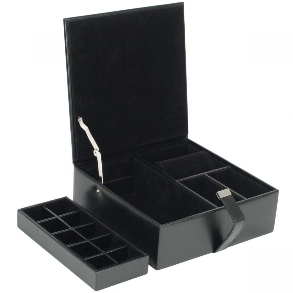 Black leather valet case open with hinged lid, key hook, and organized trays