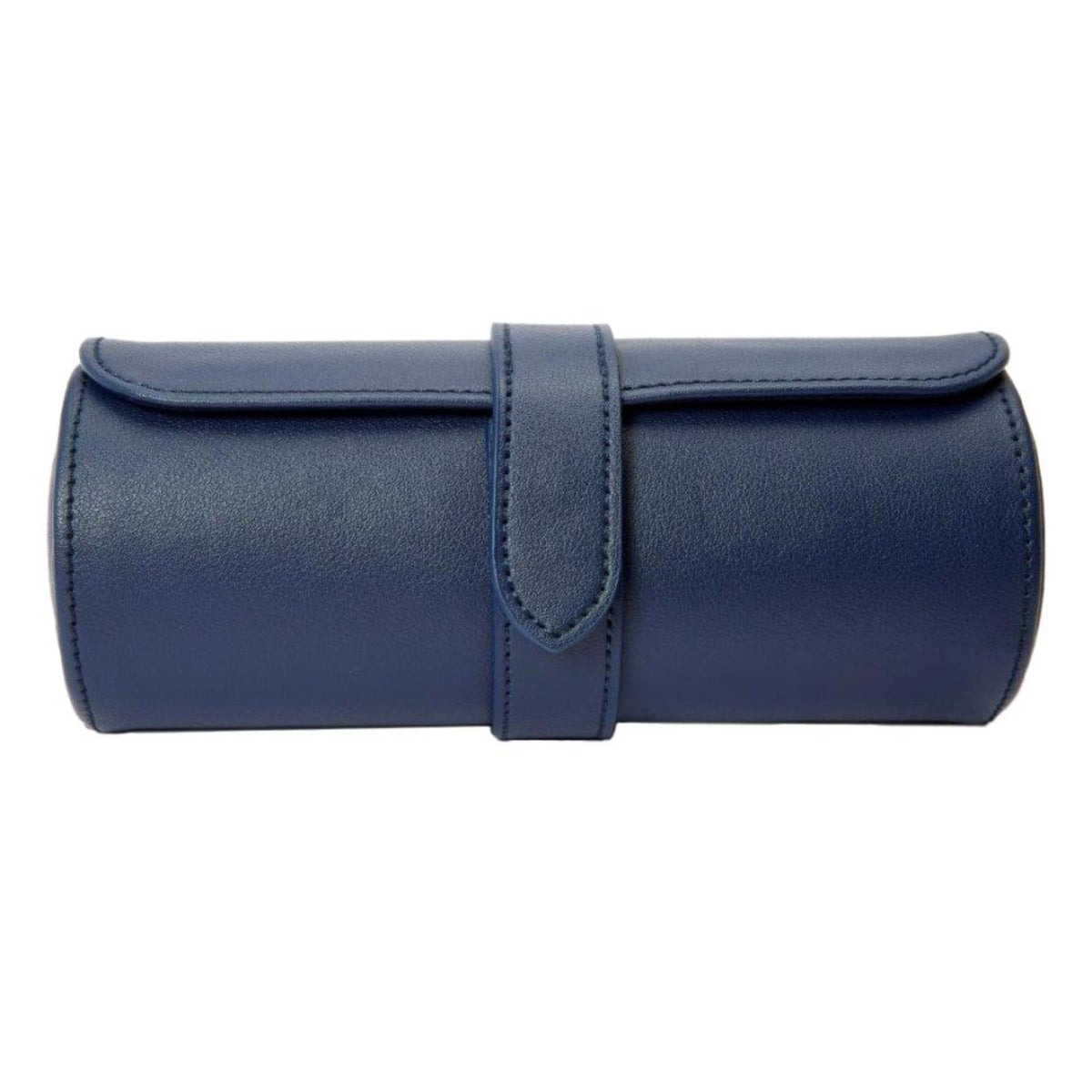 Navy leather watch roll with center strap and curved top flap