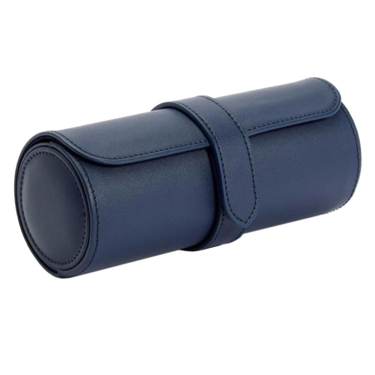 Navy leather watch roll side view with rounded end and stitched strap