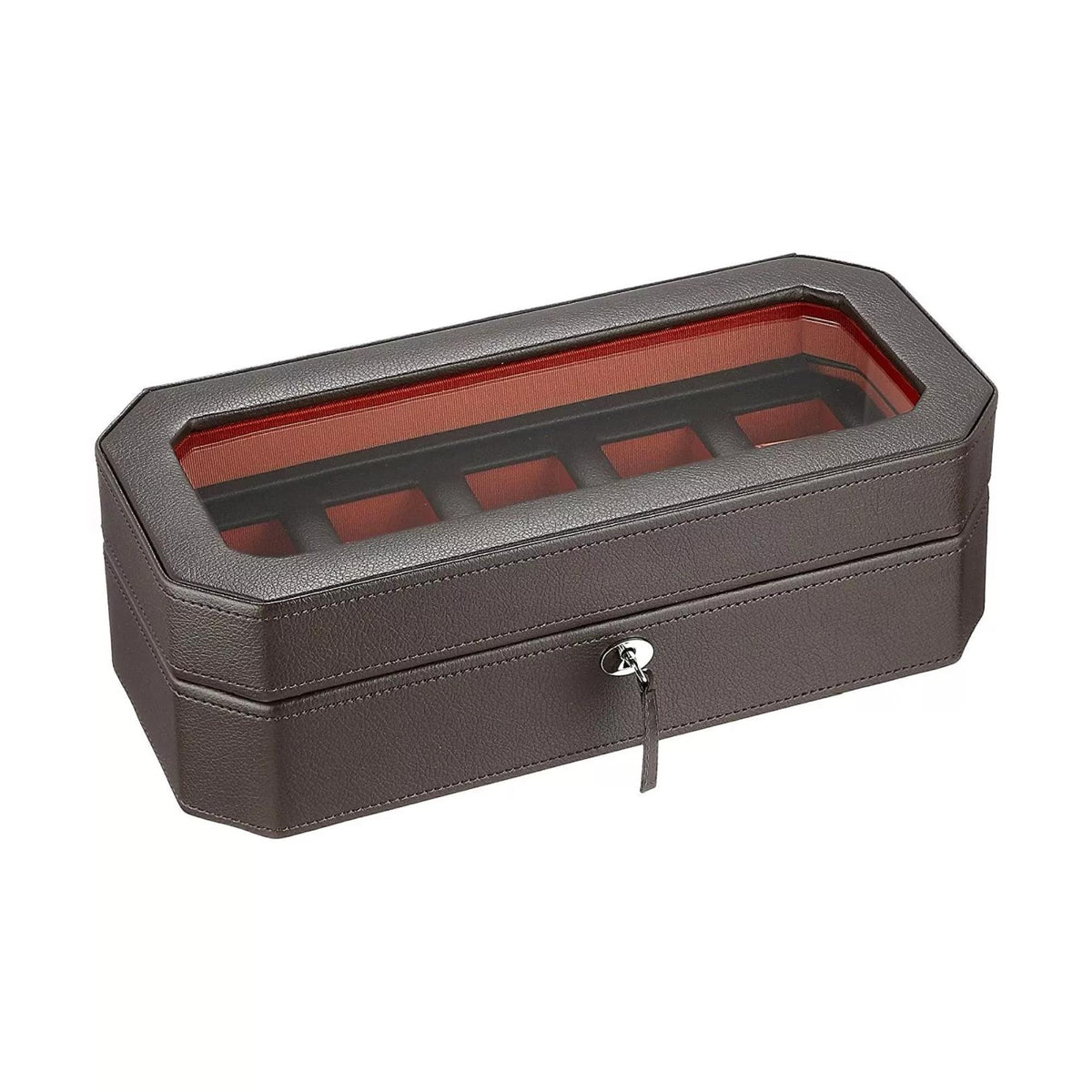Open five-watch box with orange-lined trays, dark brown exterior, lid raised.