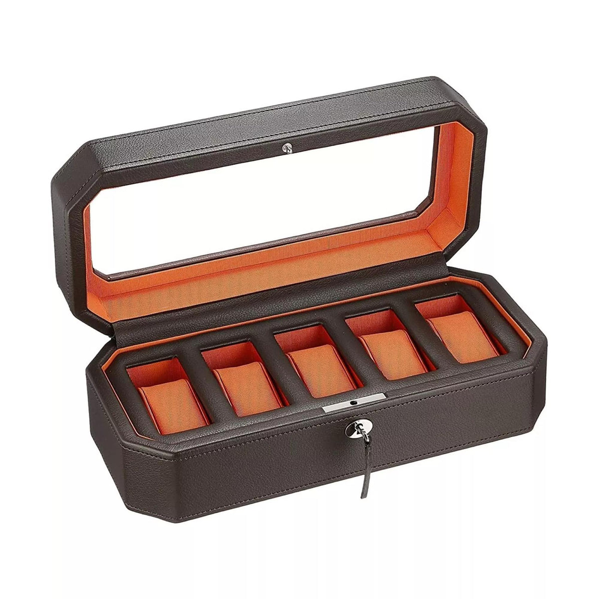 Opened five-watch box showing five orange cushion slots with dark brown dividers.