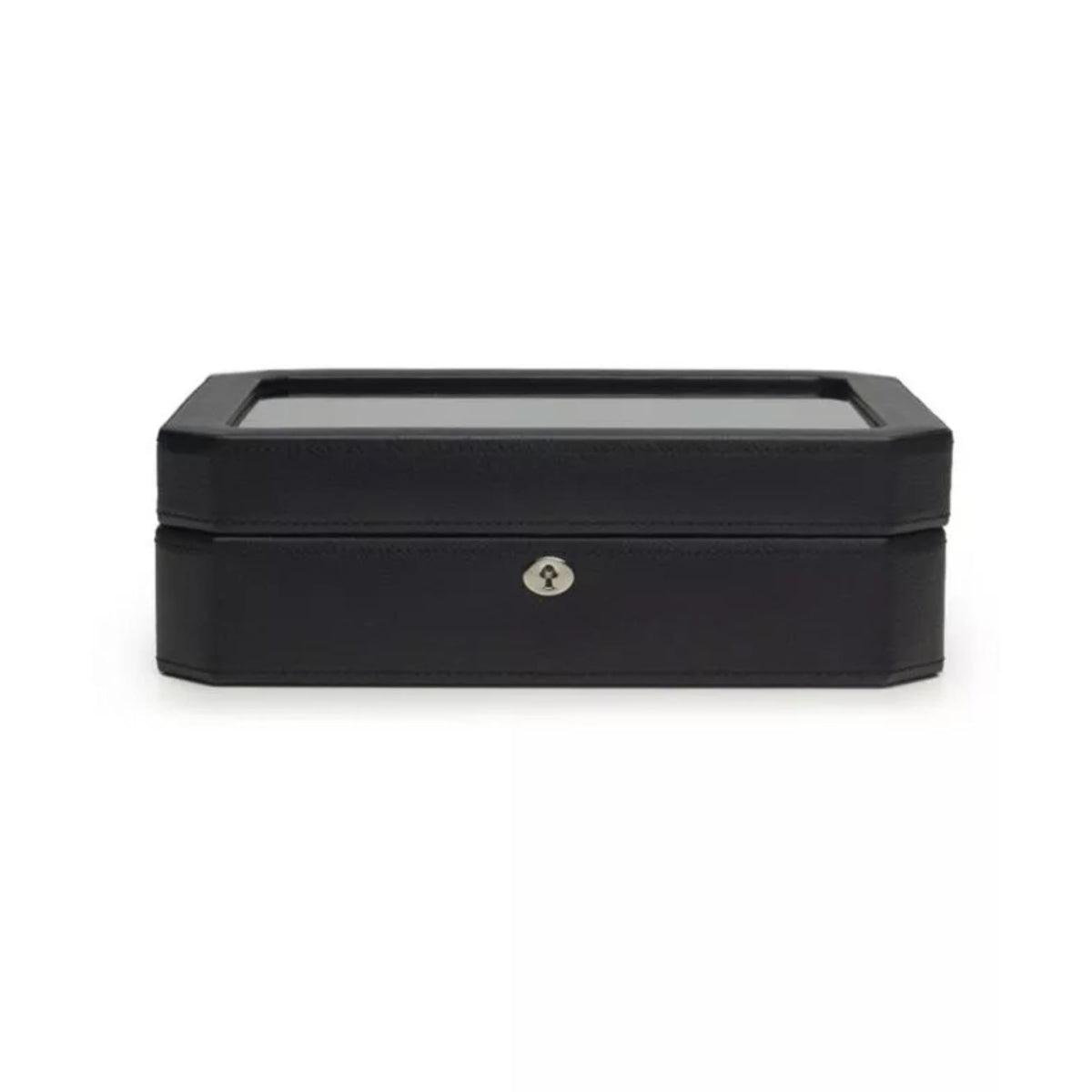 Black leather watch box with hinged lid and built-in key lock, 10-slot tray