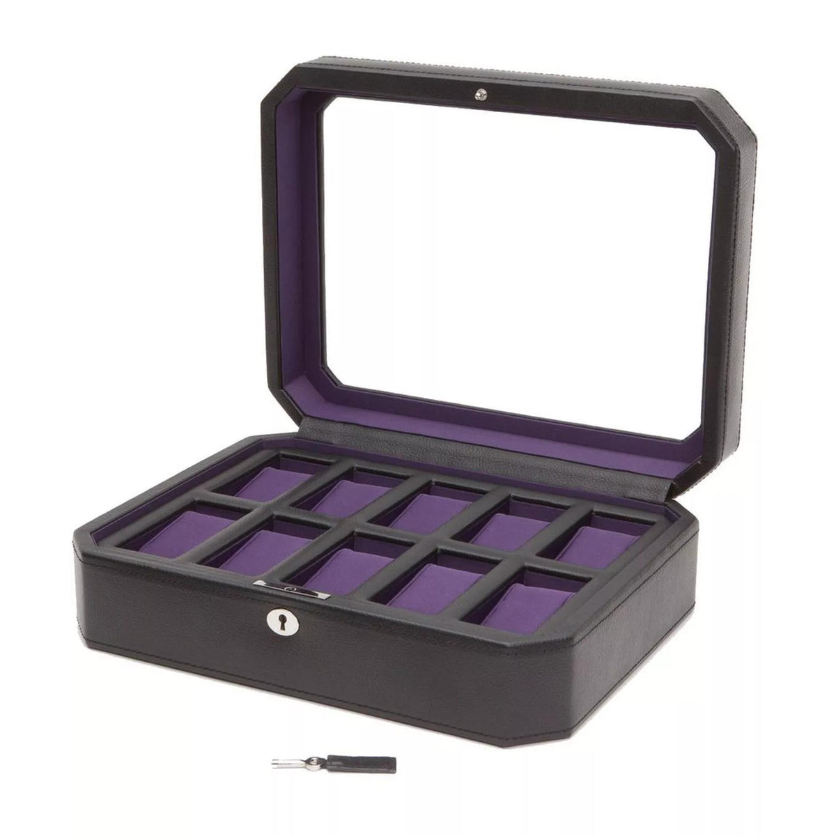 Black watch box with open lid showing 10 purple slots and key lock, includes key