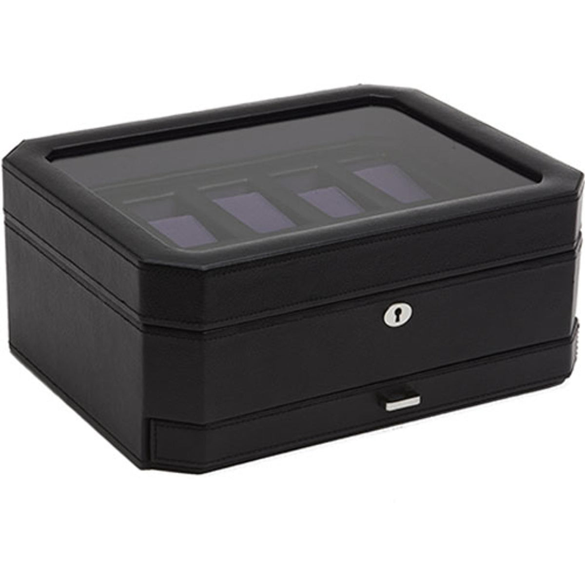 WOLF watch storage box in black with purple padded compartments and clear lid window