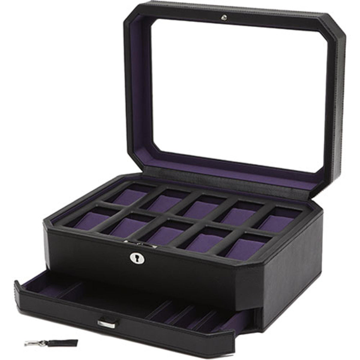 WOLF watch storage box open in black with purple inserts and hinged lid frame