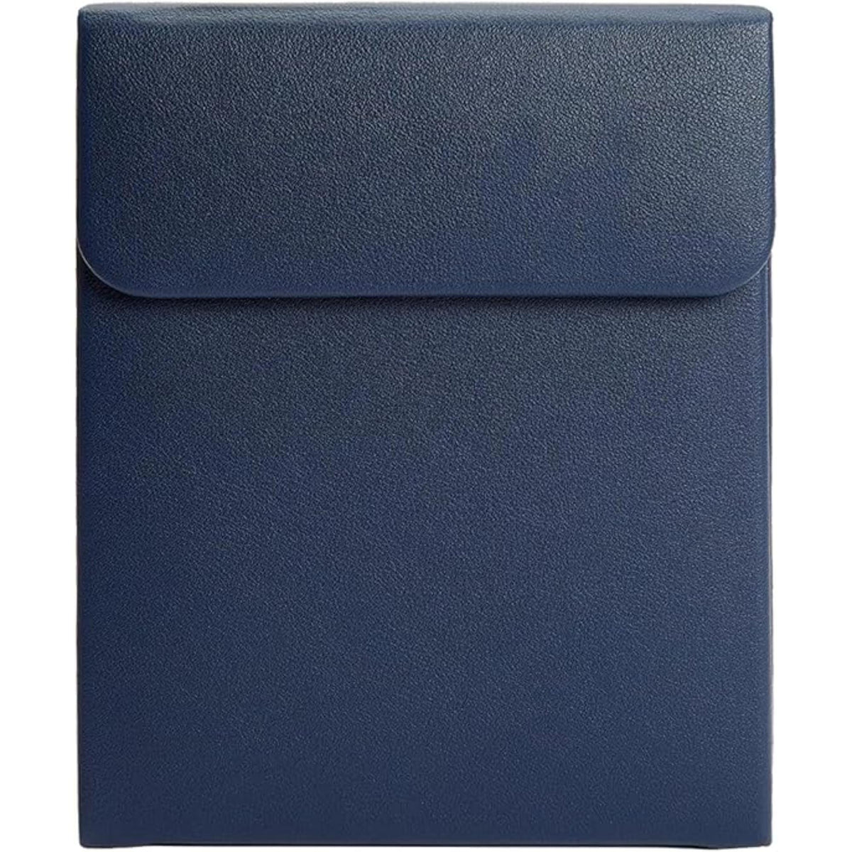 Navy travel watch box with hinged lid, textured leather-look exterior