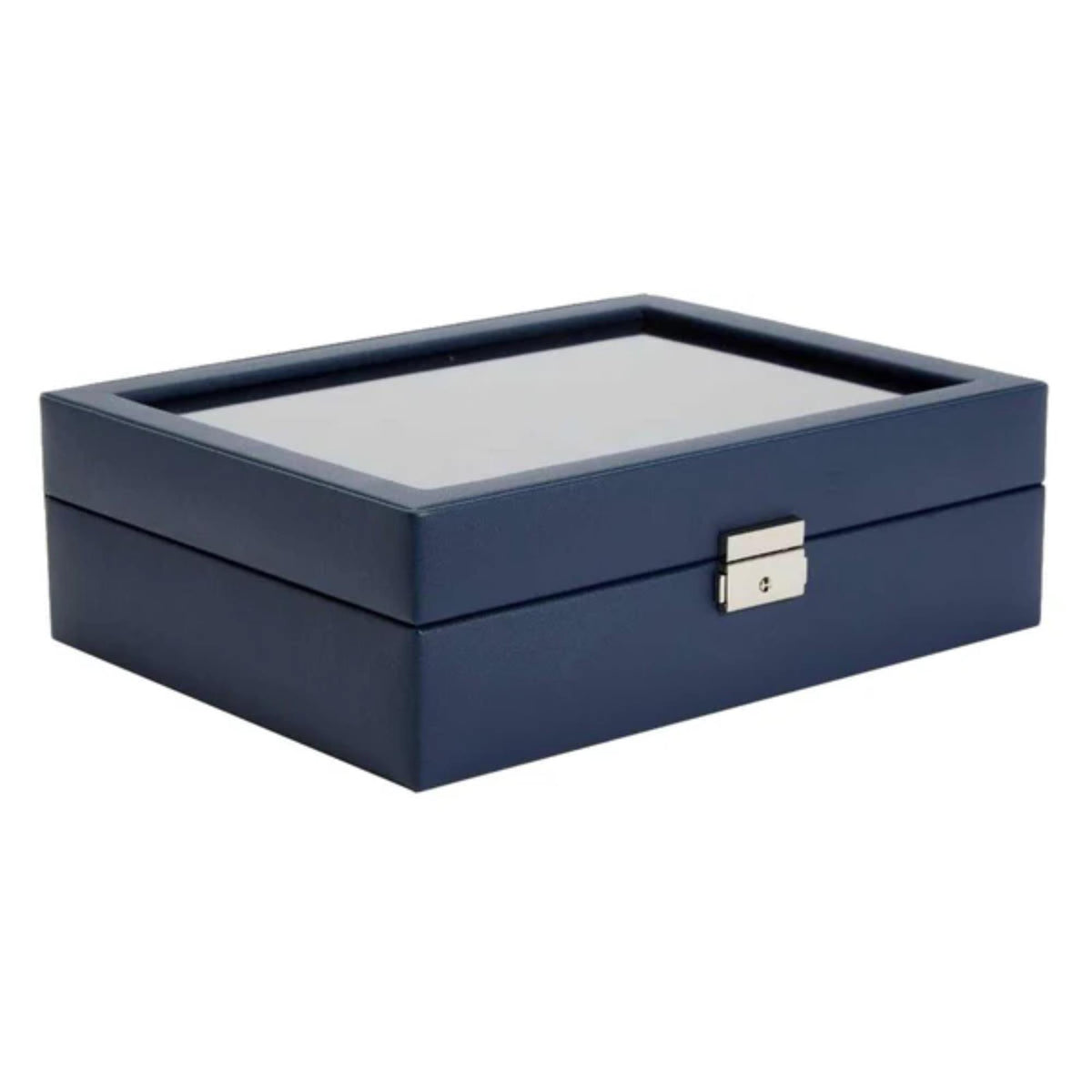 Navy watch box with lid open, metal latch centered, foam insert compartments