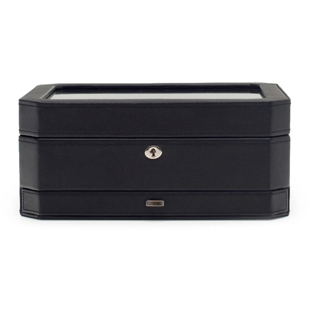 Black 10-watch display box with hinged lid and front drawer, front view