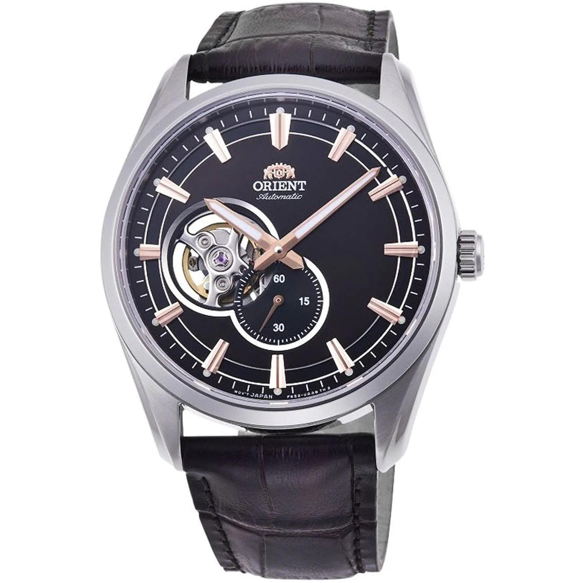 Men's semi-skeleton automatic watch with black dial, rose-gold hands, leather strap