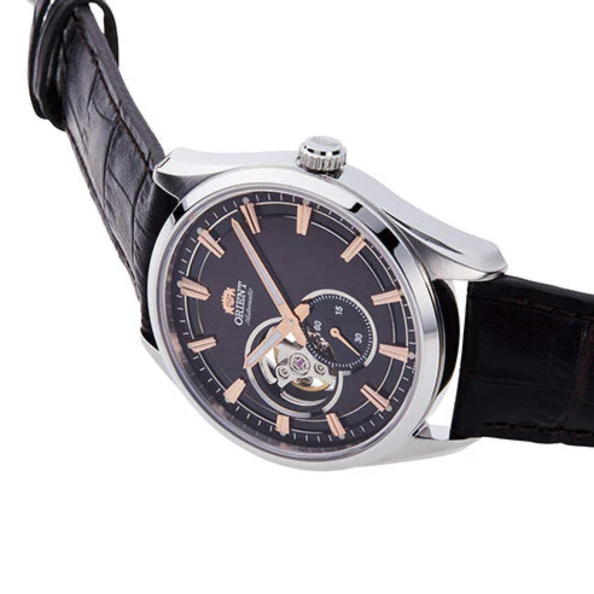 Men's automatic watch angled view with black dial, silver case, and black leather strap