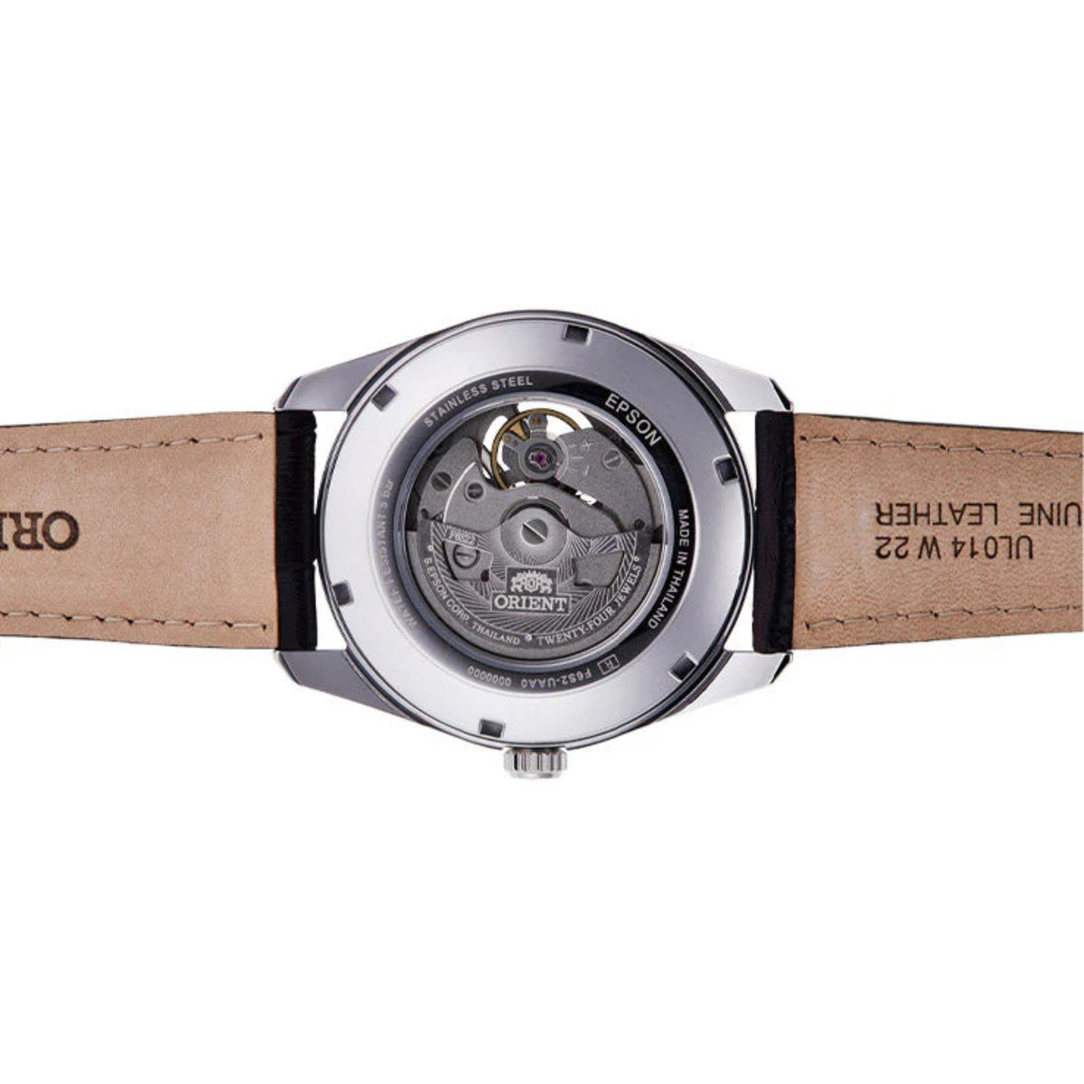 Men's automatic watch caseback view showing inner mechanism, leather strap, silver steel