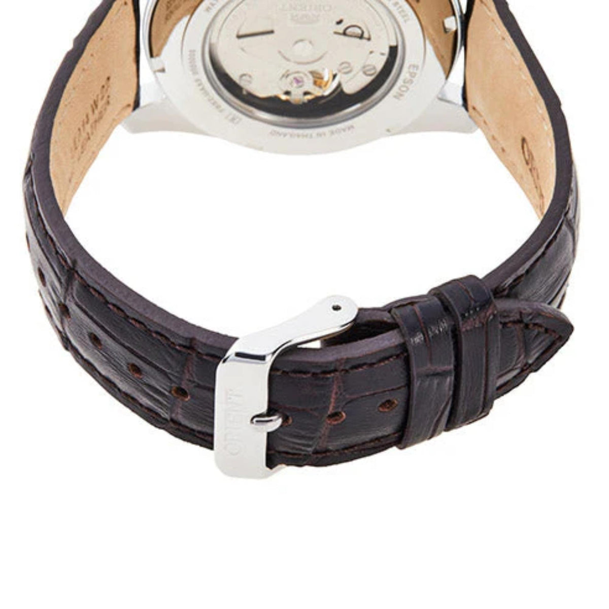 Men's automatic watch with black leather strap and silver buckle, side view