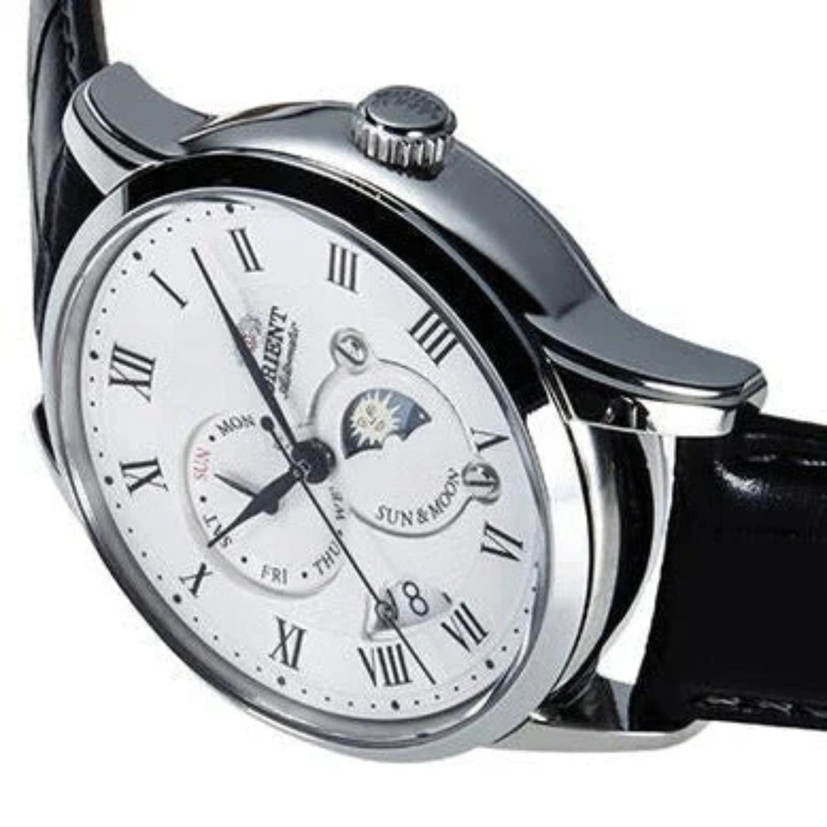 Orient Sun & Moon RA-AK0008S30B automatic watch with white dial, Roman numerals, black leather strap, silver case