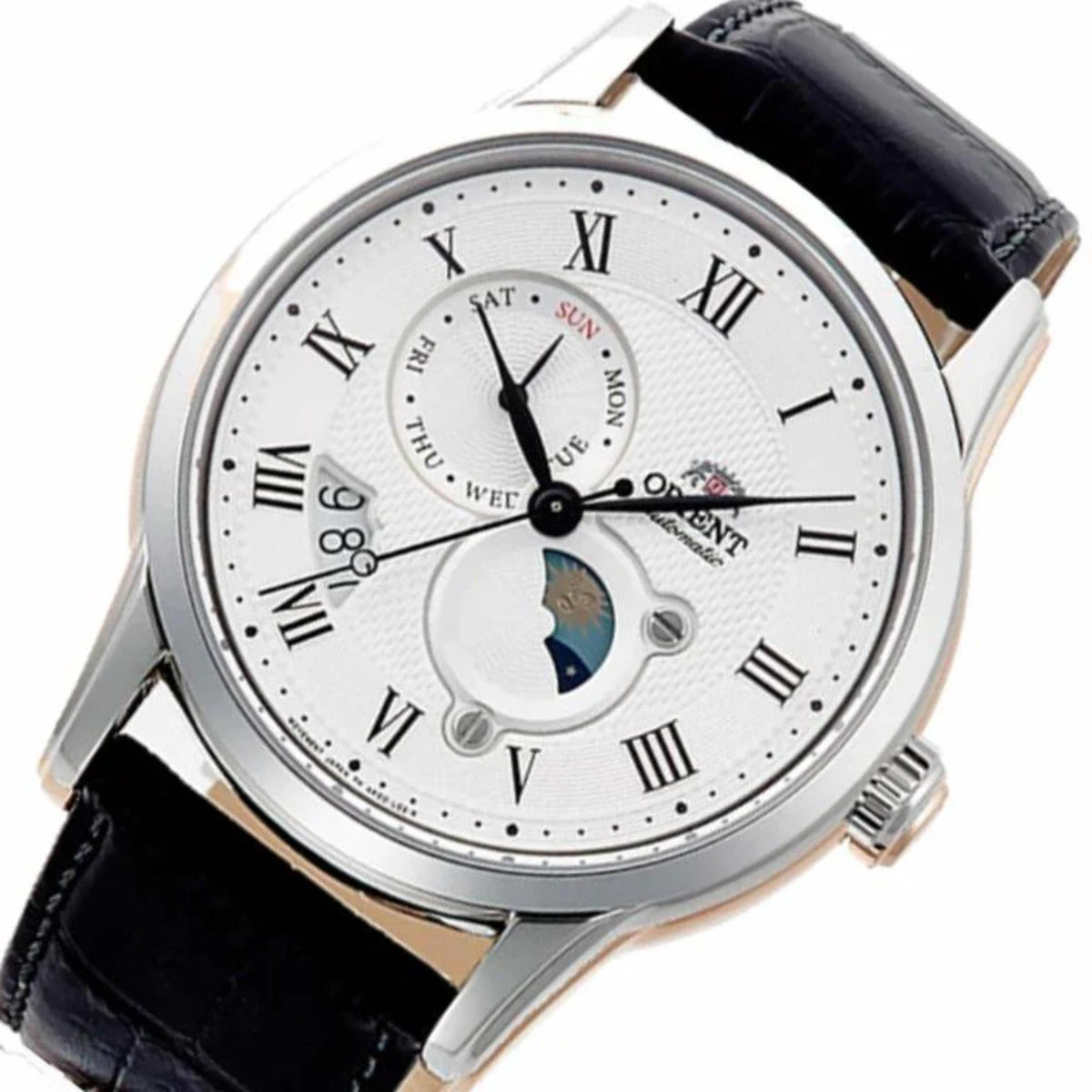 Orient Sun & Moon RA-AK0008S30B automatic watch, white dial with Roman numerals and moonphase subdial, black leather strap