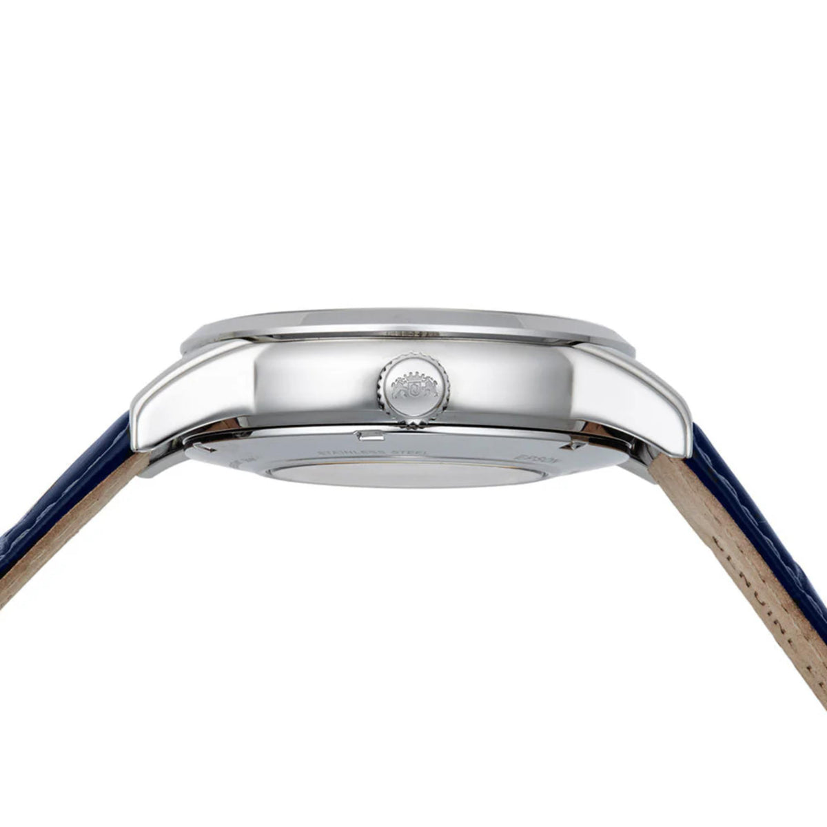Orient Sun & Moon RA-AK0008S30B watch case top with bezel and crown, dark leather strap