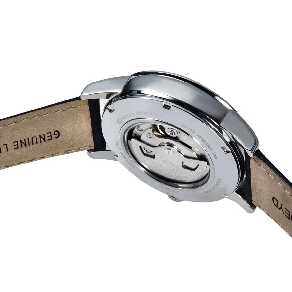 Orient Sun & Moon RA-AK0008S30B automatic watch caseback with see-through mechanism window and dark leather strap