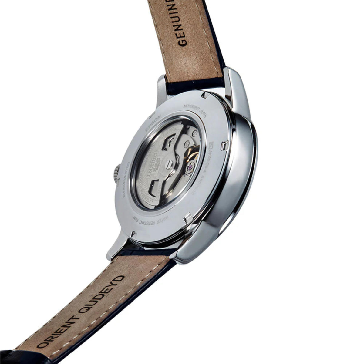 Orient Sun & Moon RA-AK0008S30B automatic watch caseback with dark leather strap and engraved branding
