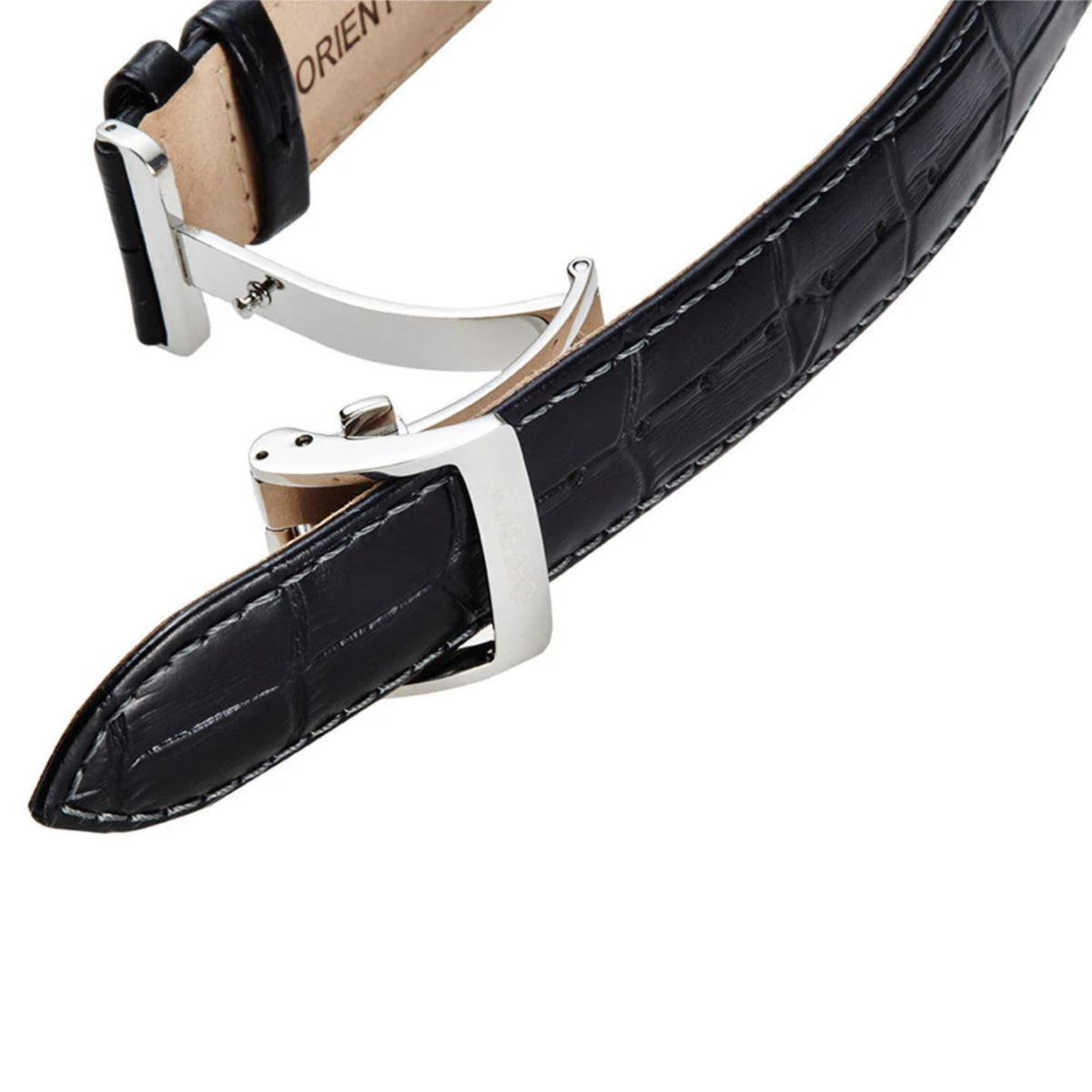 Orient Sun & Moon RA-AK0008S30B watch with black leather strap and silver buckle clasp