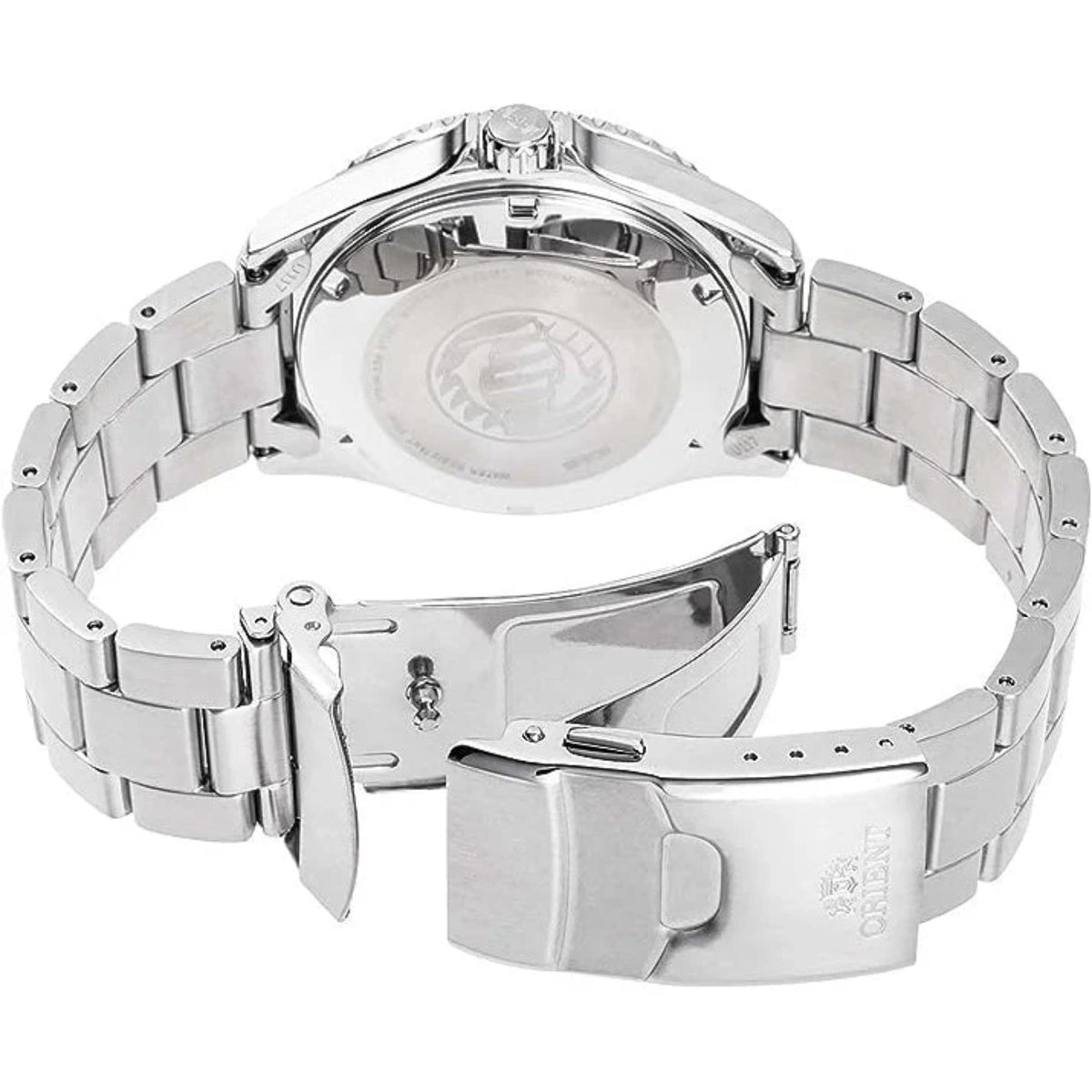Stainless steel watch case and bracelet, showing the back cover and clasp