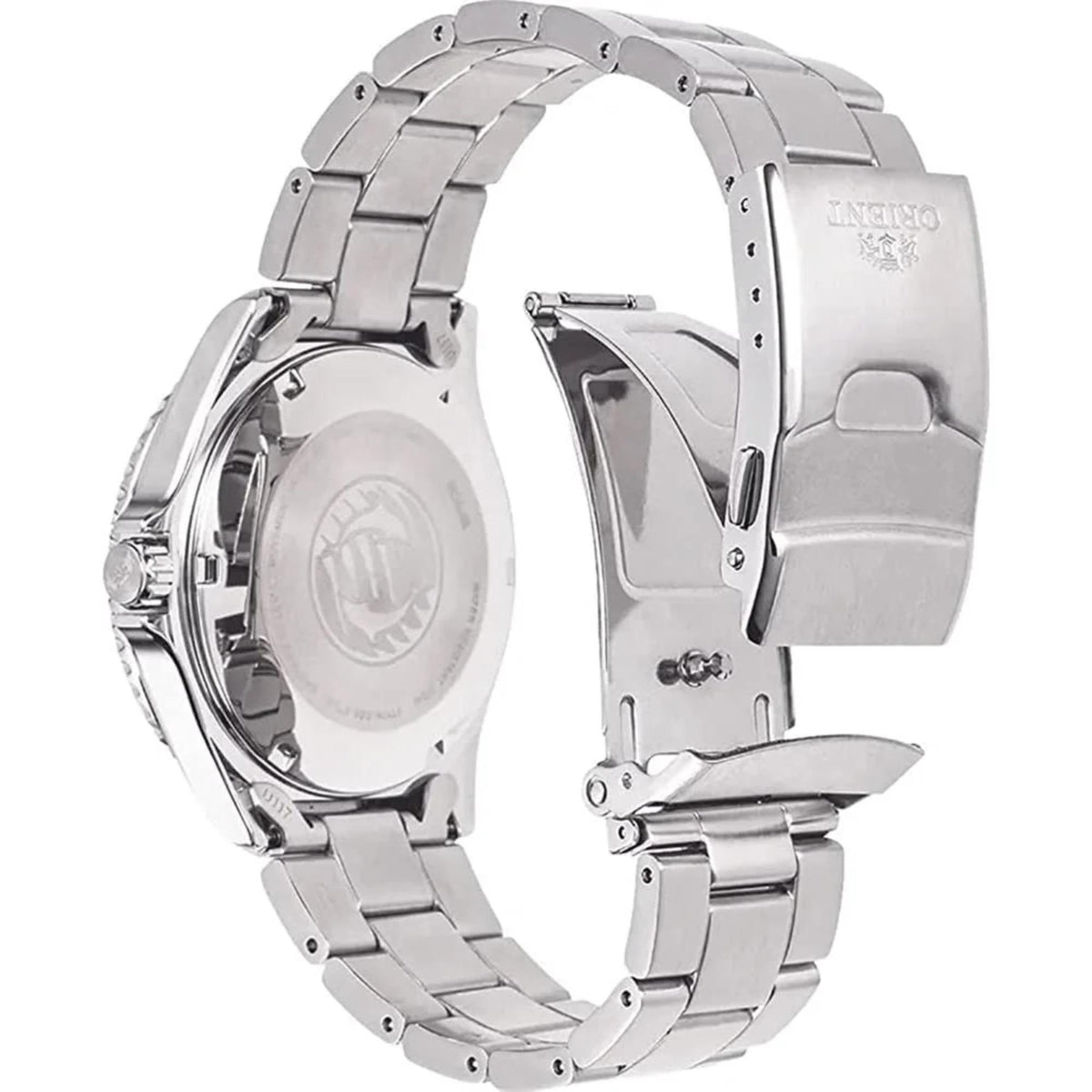 Stainless steel watch case side view with crown and integrated bracelet links