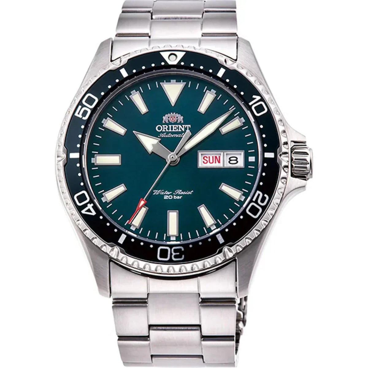 Orient Mako steel automatic watch with dark green dial, day-date window, and diver bezel