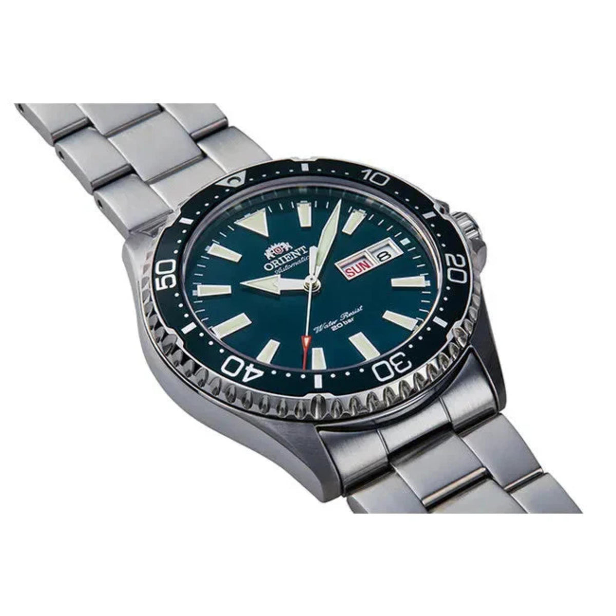 Orient Mako steel automatic watch RA-AA0004E39B, green dial with day-date window at 3 o'clock, angled view