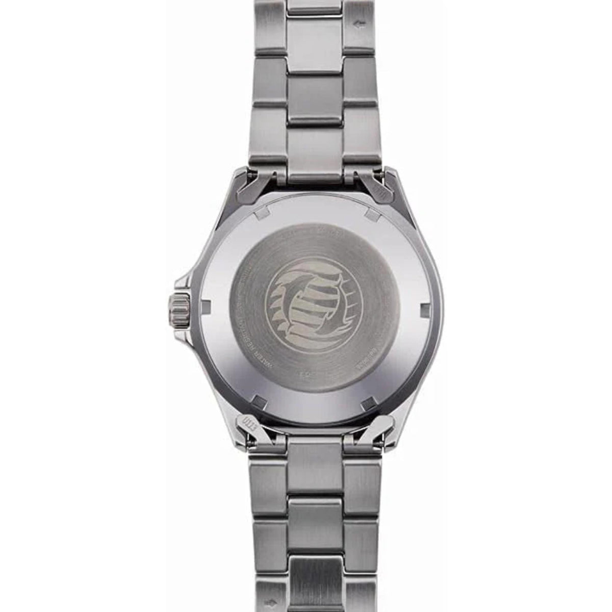 Orient Mako mens steel automatic watch RA-AA0004E39B, case back with engraved emblem and steel bracelet