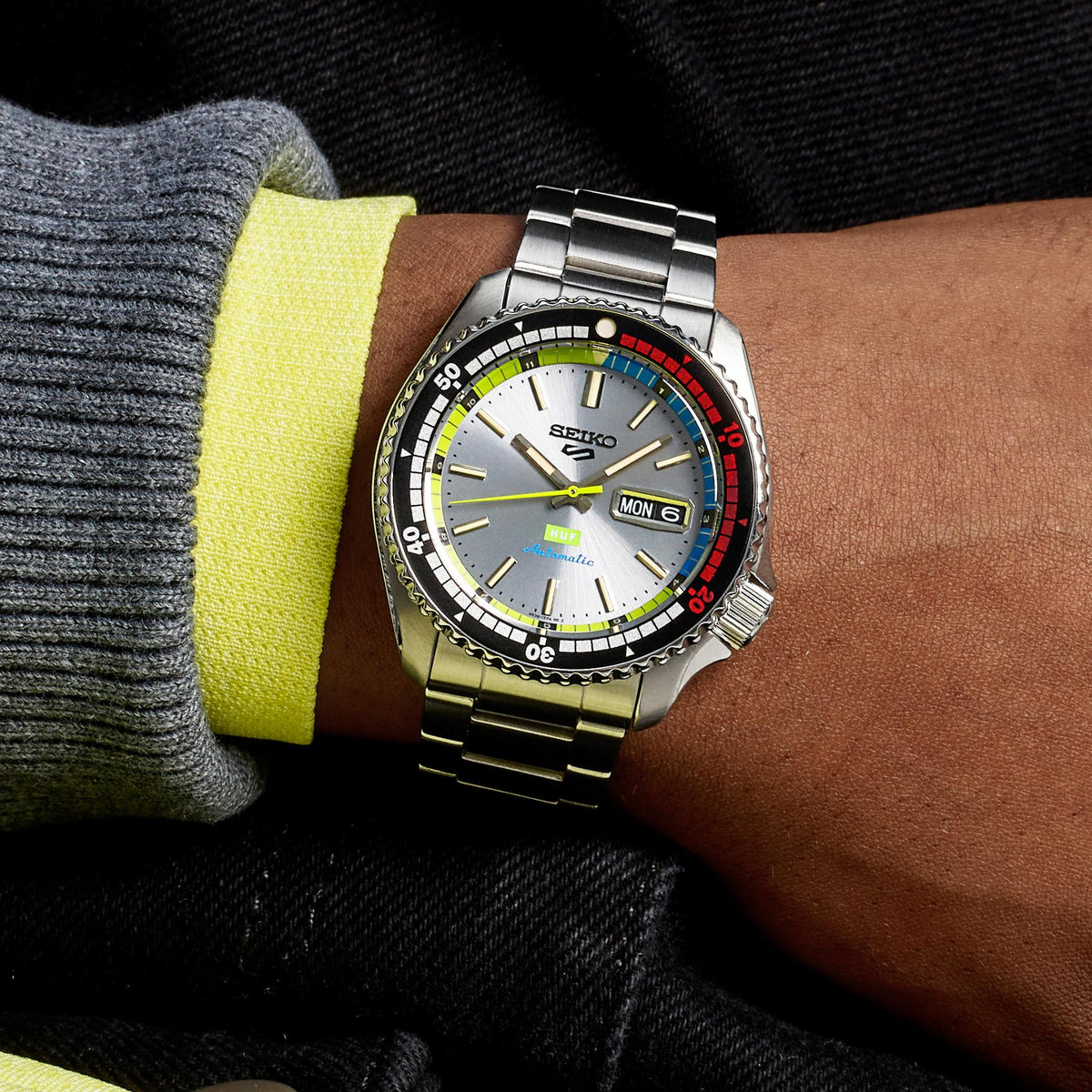 Seiko 5 Sports x HUF SRPL33K1 lifestyle wrist shot close up