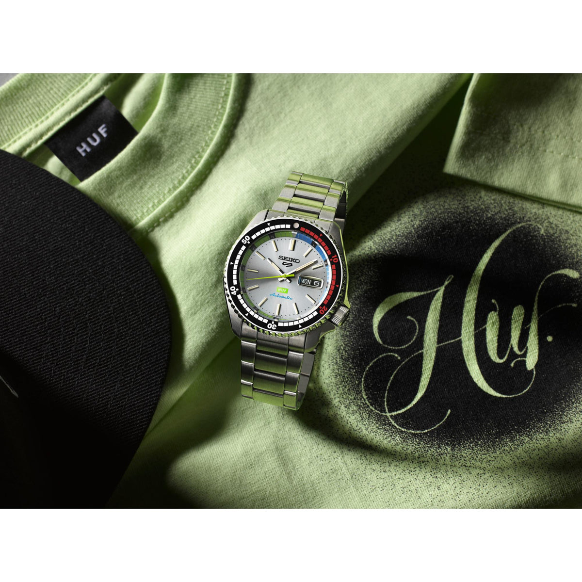 Seiko 5 Sports x HUF SRPL33K1 laid flat overhead view