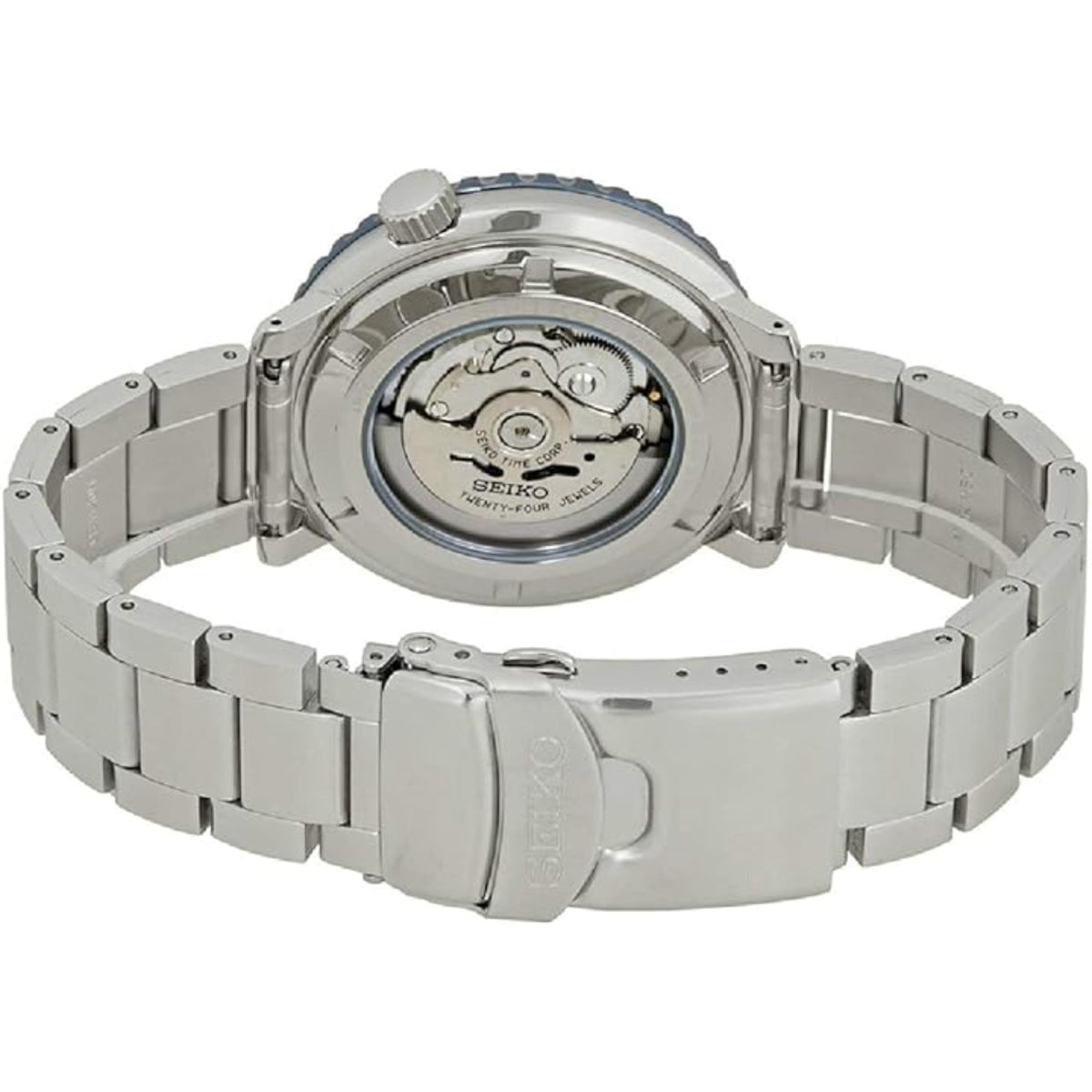 Seiko 5 Sports SRPC63K exhibition caseback showing automatic movement and stainless steel clasp