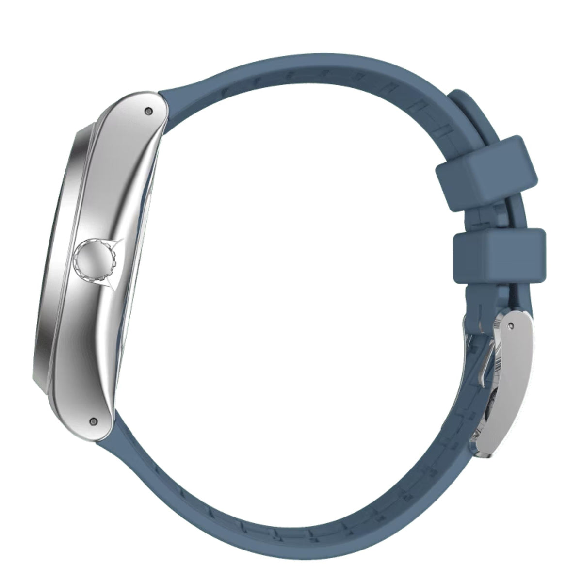 Men's Swatch watch with blue rubber band and silver case, side profile