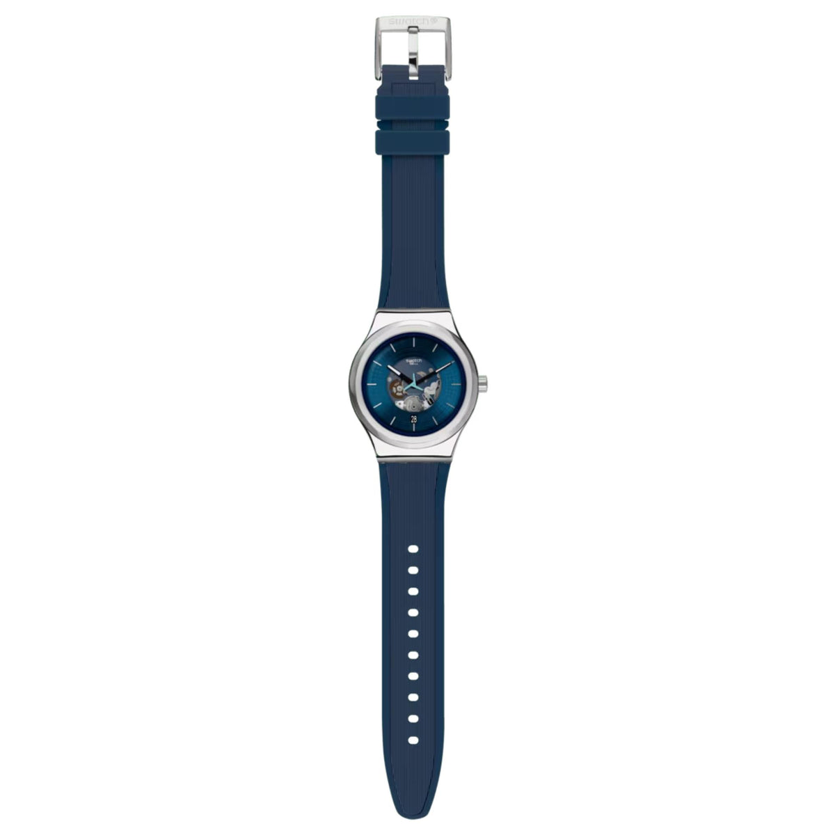 Men's Swatch watch with blue dial and navy-blue rubber strap, silver clasp