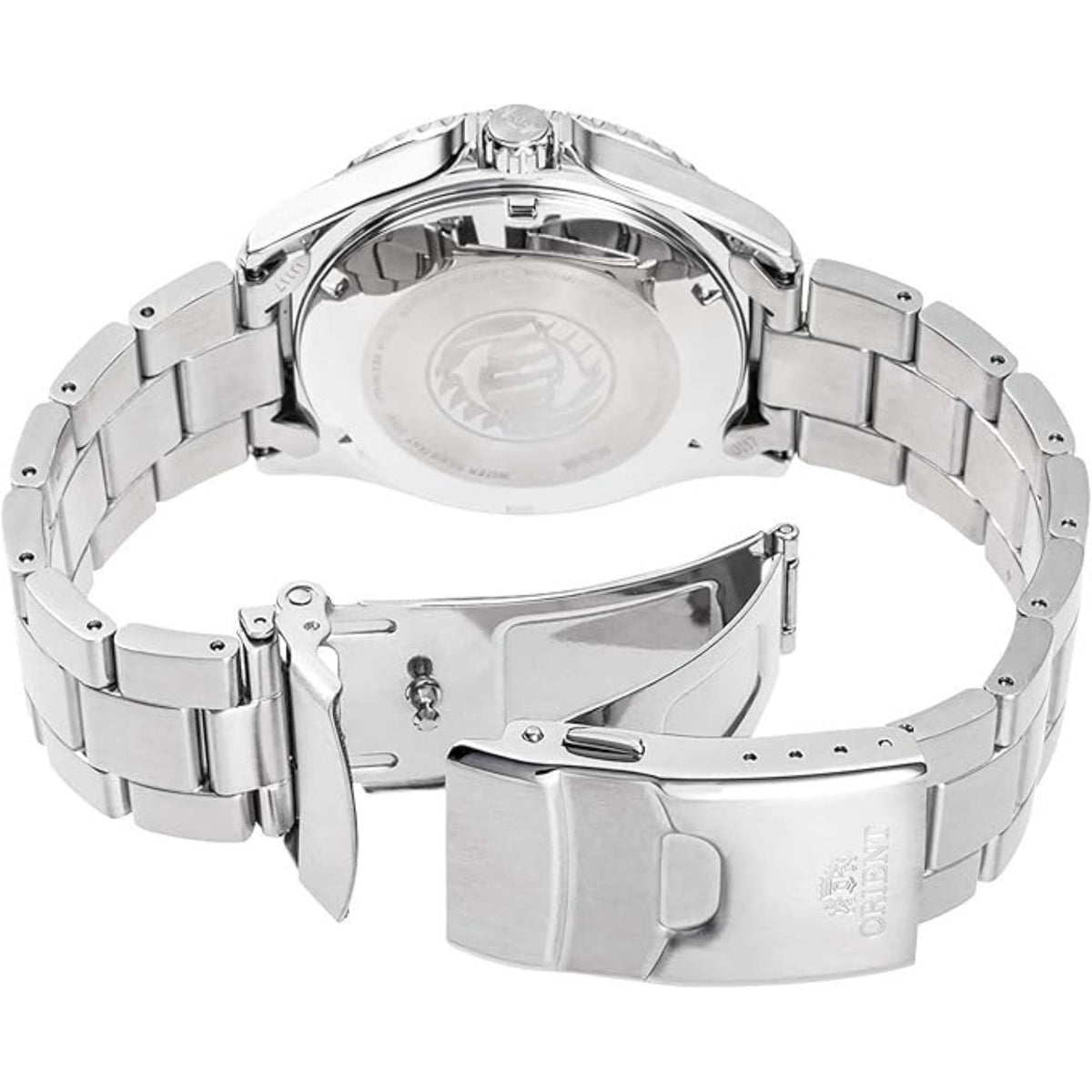 Men's automatic steel watch bracelet and clasp with case back engravings