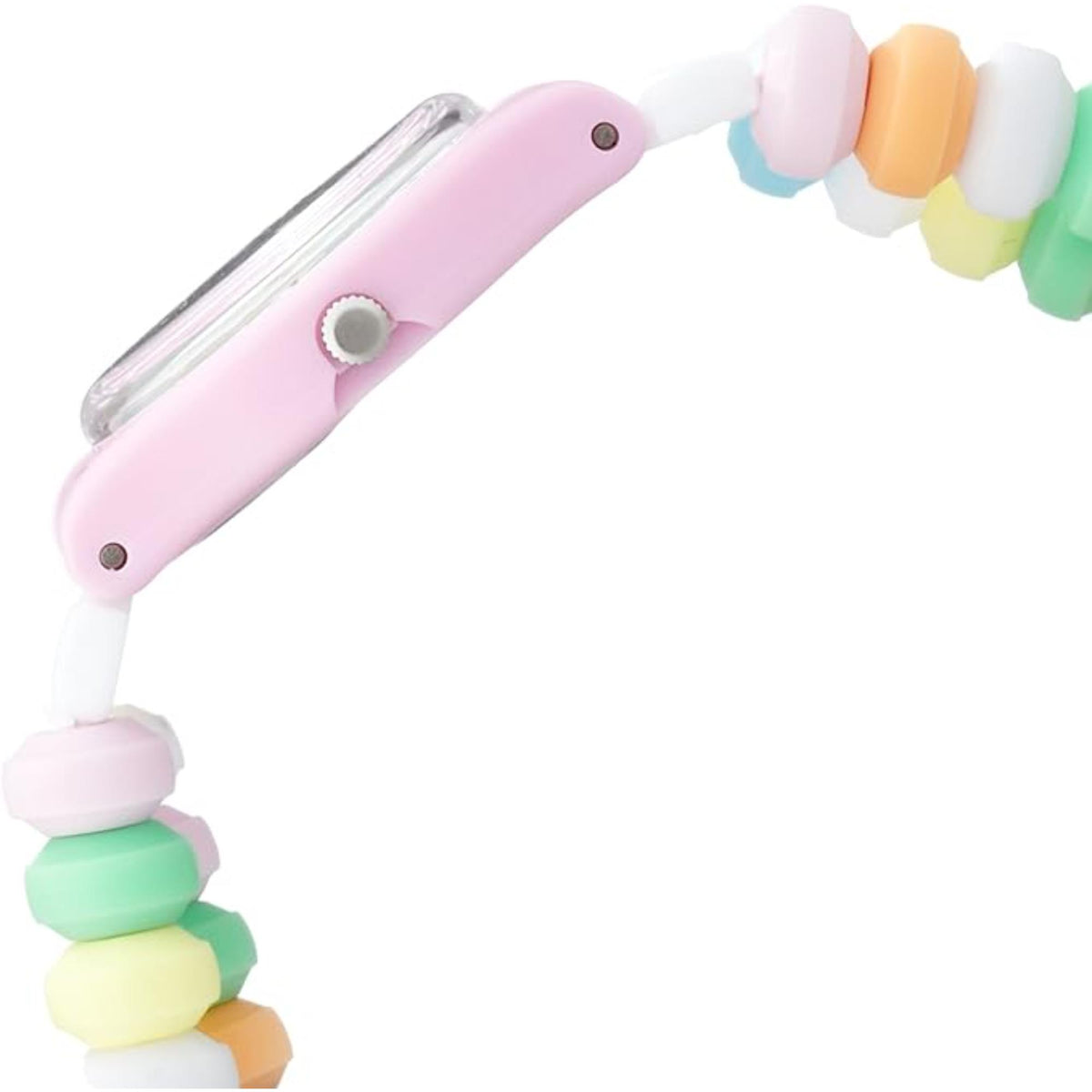 Women's Swatch quartz watch case close-up in pink with multicolor bead strap
