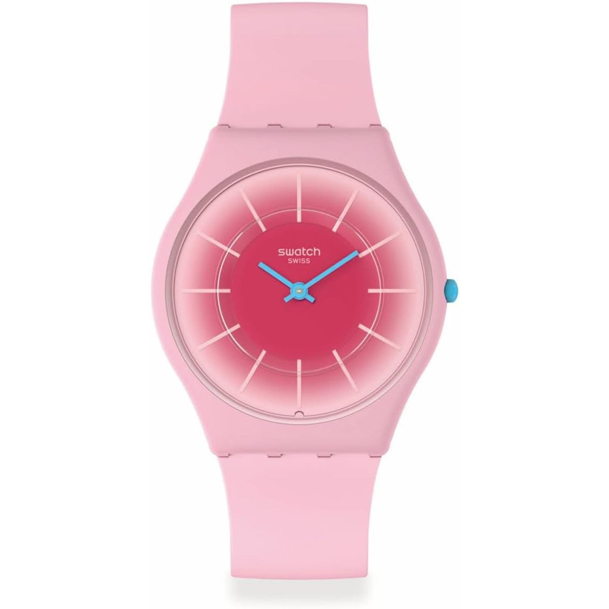 Pink Swatch quartz wristwatch with pink dial and light pink silicone strap