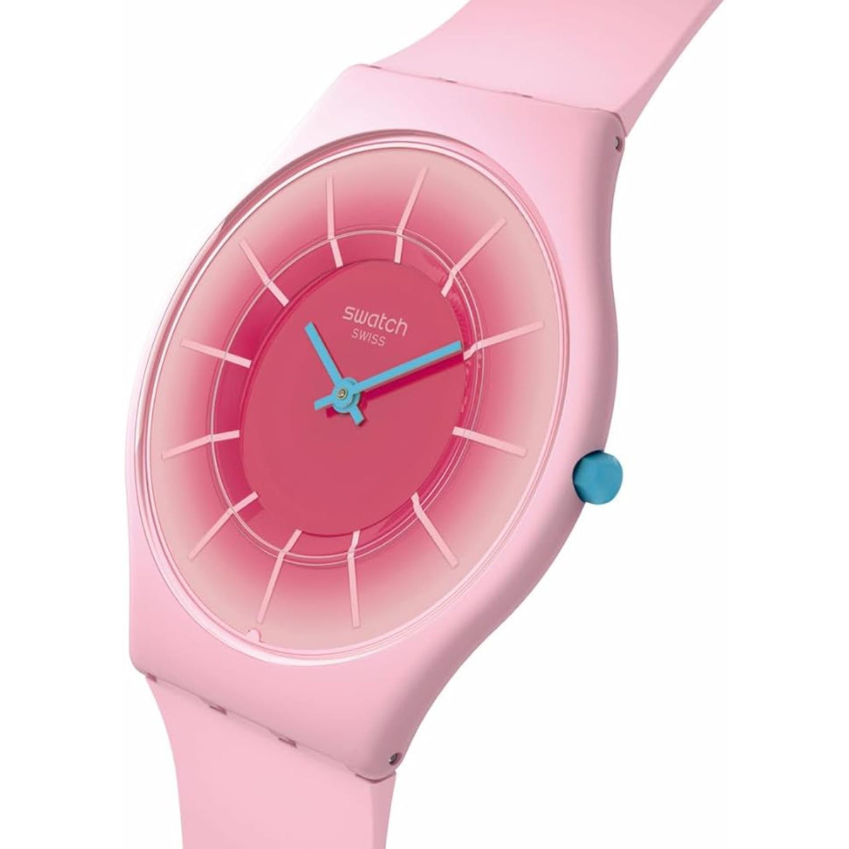 Pink Swatch quartz wristwatch, round case with pink dial and blue accents
